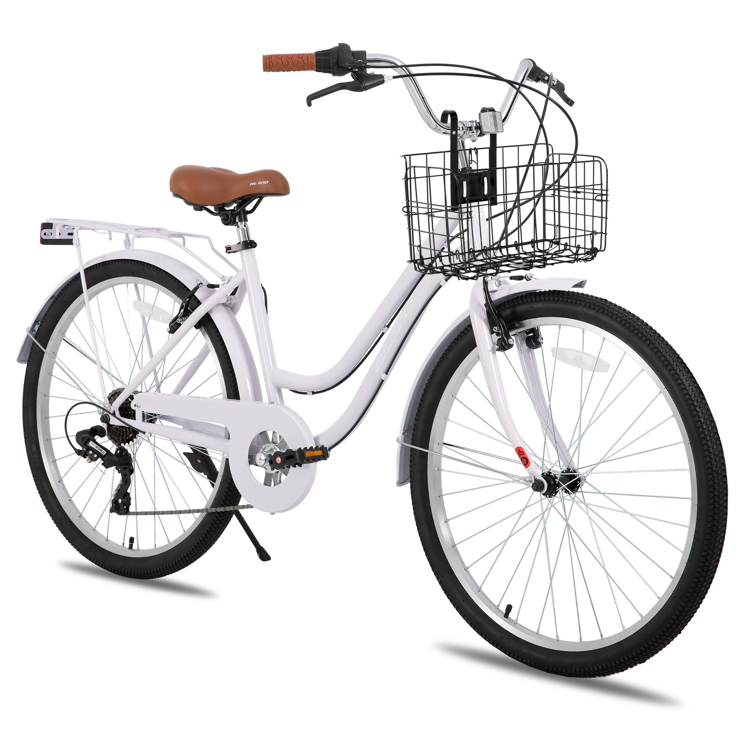 HILAND Cityrad 26 Zoll Beach Cruiser Bike für Männer und Frauen, Step-Through Rahmen, Step-Through Rahmen mit Gepäckträger und Korb,7 Gang