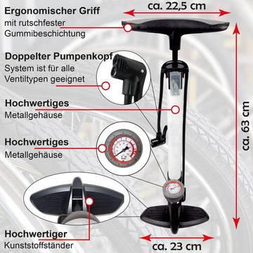 Bestlivings Standpumpe LP-05228 (inkl. Ventiladapter), Standpumpe mit Manometer für alle Ventile (11 bar / 160 psi), Fahrrad Reifenpumpe mit Dual Kopf und Ventiladapter - auch für Bälle, Luftmatratzen