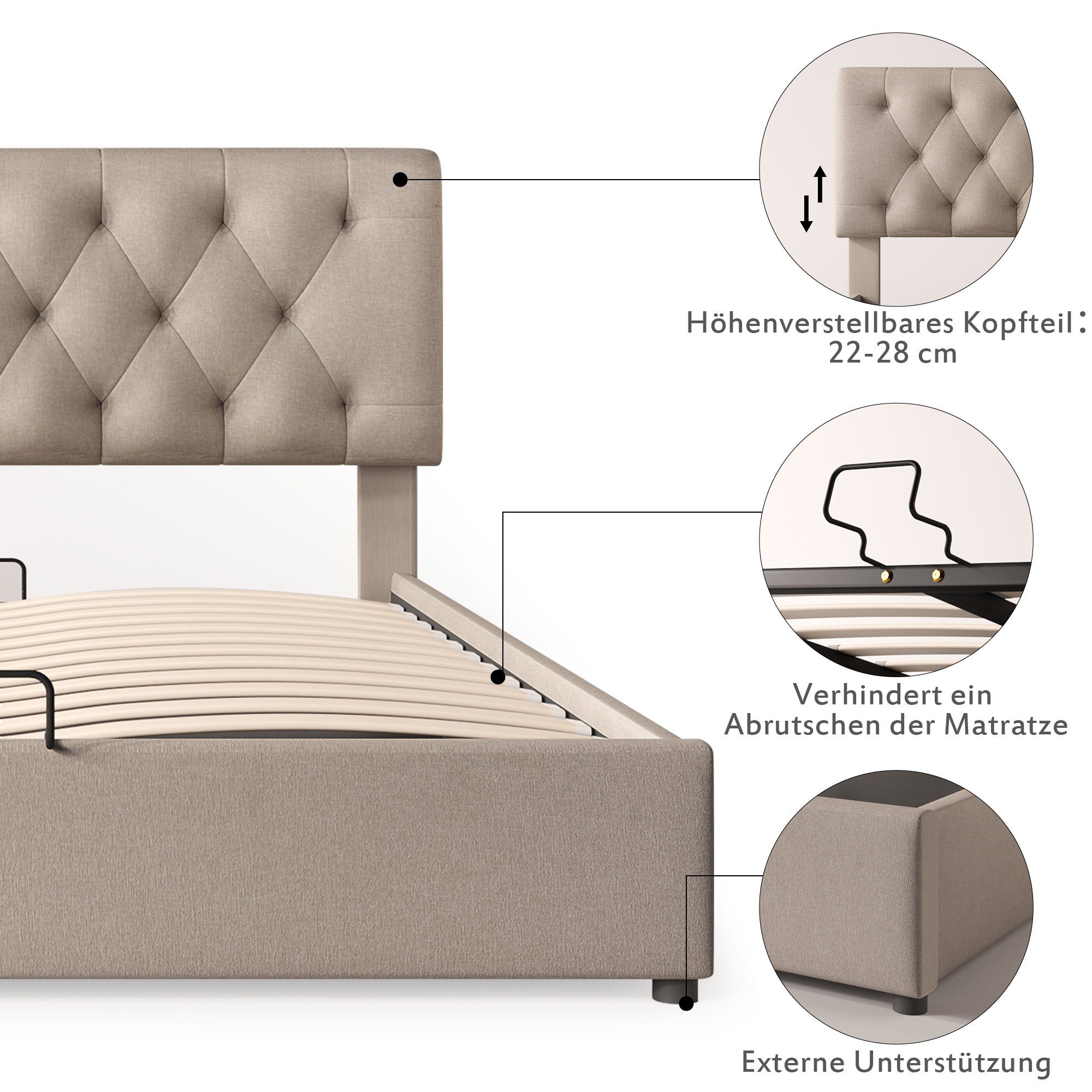 Boxspringbett (Polsterbett mit Lattenrost und Bettkasten, verstellbarem Kopfteil), 140x200 cm Hydraulisches Doppelbett, Bezug aus Leinen, Kiefernholz
