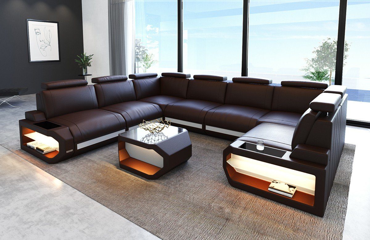 Sofa Dreams Wohnlandschaft Leder U-Form und Form Couch Ledersofa mit U Siena LED-Beleuchtung Ledersofa, USB Sofa Wohnlandschaft
