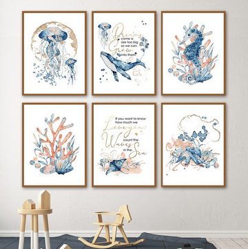 TPFLiving Kunstdruck (OHNE RAHMEN) Poster - Leinwand - Wandbild, Kinderzimmer Bild - Seepferdchen, Wale, Quallen, Octopus - (Korallen, Ozean und Meer), Farben: Blau, Braun, Beige, Weiß - Größe: 13x18cm