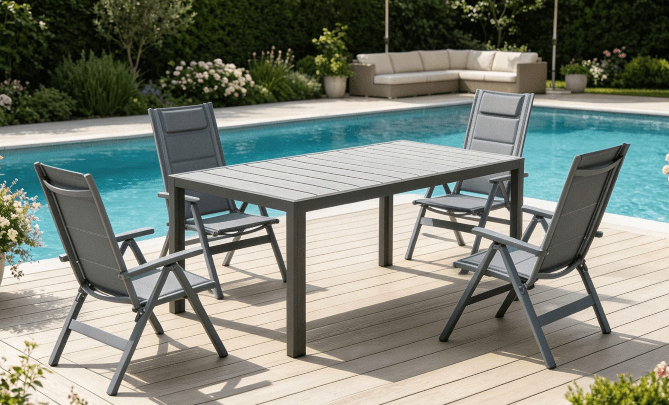 HOMALL Garten-Essgruppe Gartenmöbel Set aus klappbarer Armlehnstuhl und Aluminium Gartentisch, (5-tlg., 4 Klappstuhl (bis 160kg), 1Tisch (bis 100kg), Aluminium, Textilgewebe), Holzoptik Tisch & klappbare Stühle mit 7-fach verstellbarer Lehne