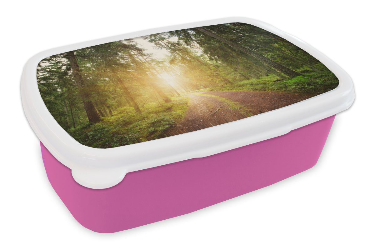 MuchoWow Lunchbox Wald - Baum - Sonne, Kunststoff, (2-tlg), Brotbox für Erwachsene, Brotdose Kinder, Snackbox, Mädchen, Kunststoff rosa