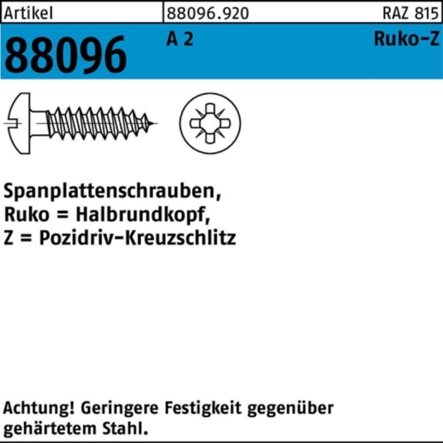 Reyher Spanplattenschraube 1000er Pack Spanplattenschraube R 88096 Halbrundkopf PZ 3,5x35-Z A 2 1