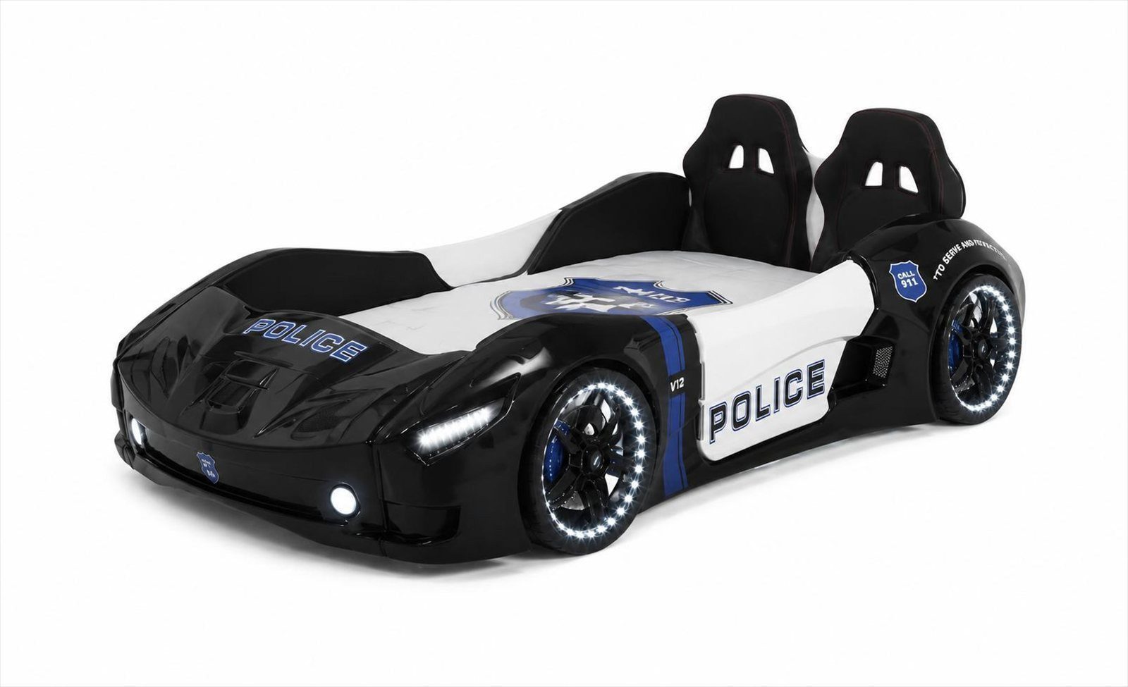 JVmoebel Autobett Autobett Police Rennwagen Kinderbett LED Beleuchtung Schwarz, Made in Europa