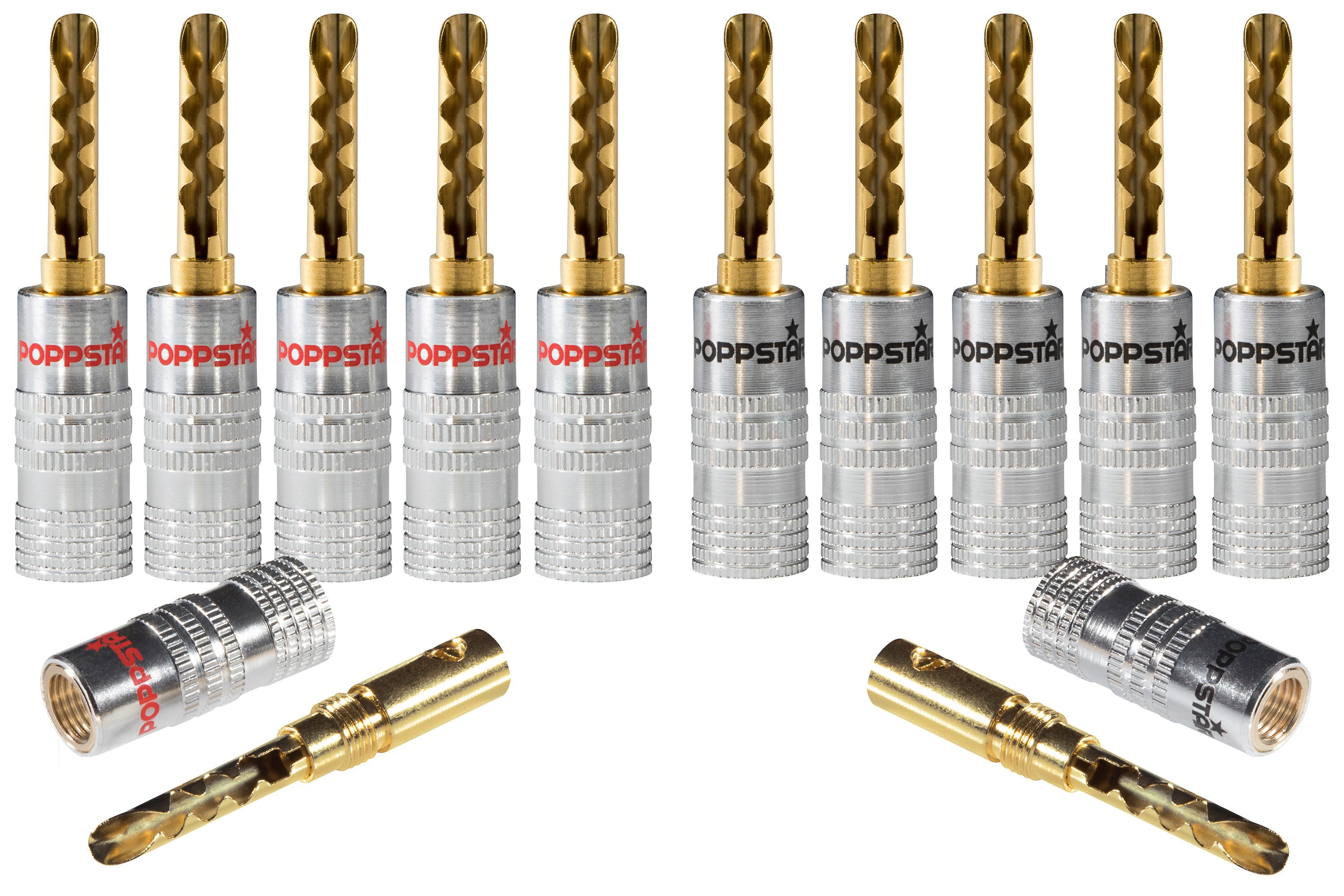 Poppstar Hohl Bananenstecker / Bananas für Lautsprecherkabel (bis 6mm) Audio-Adapter, für Lautsprecher, AV Receiver (Kontakte vergoldet, 6x schwarz, 6x rot)