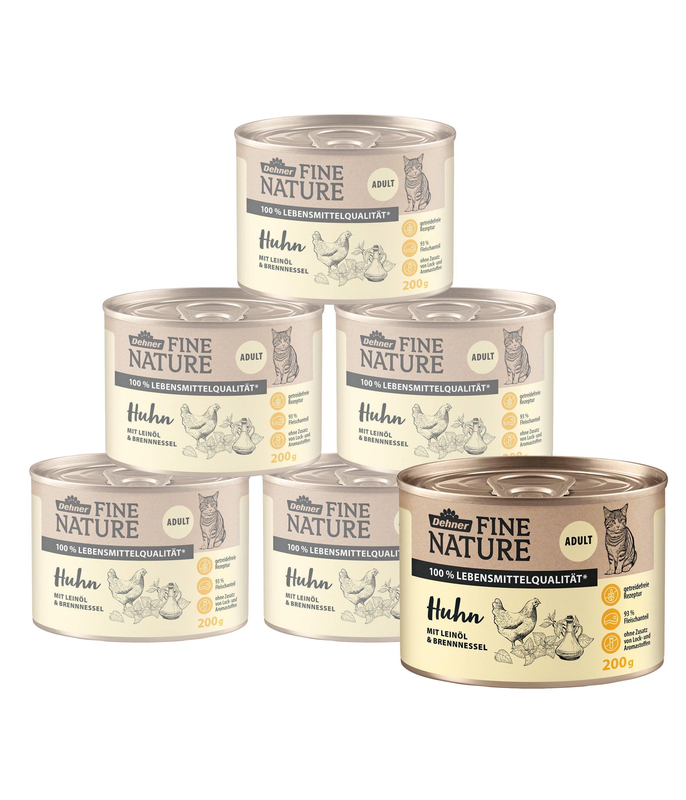 Dehner Fine Nature Adult Huhn mit Leinöl, 6 x 200 g / 400 g Dose Huhn, Nassfutter für: Katze, Nassfutter für ausgewachsene Katzen, getreidefrei