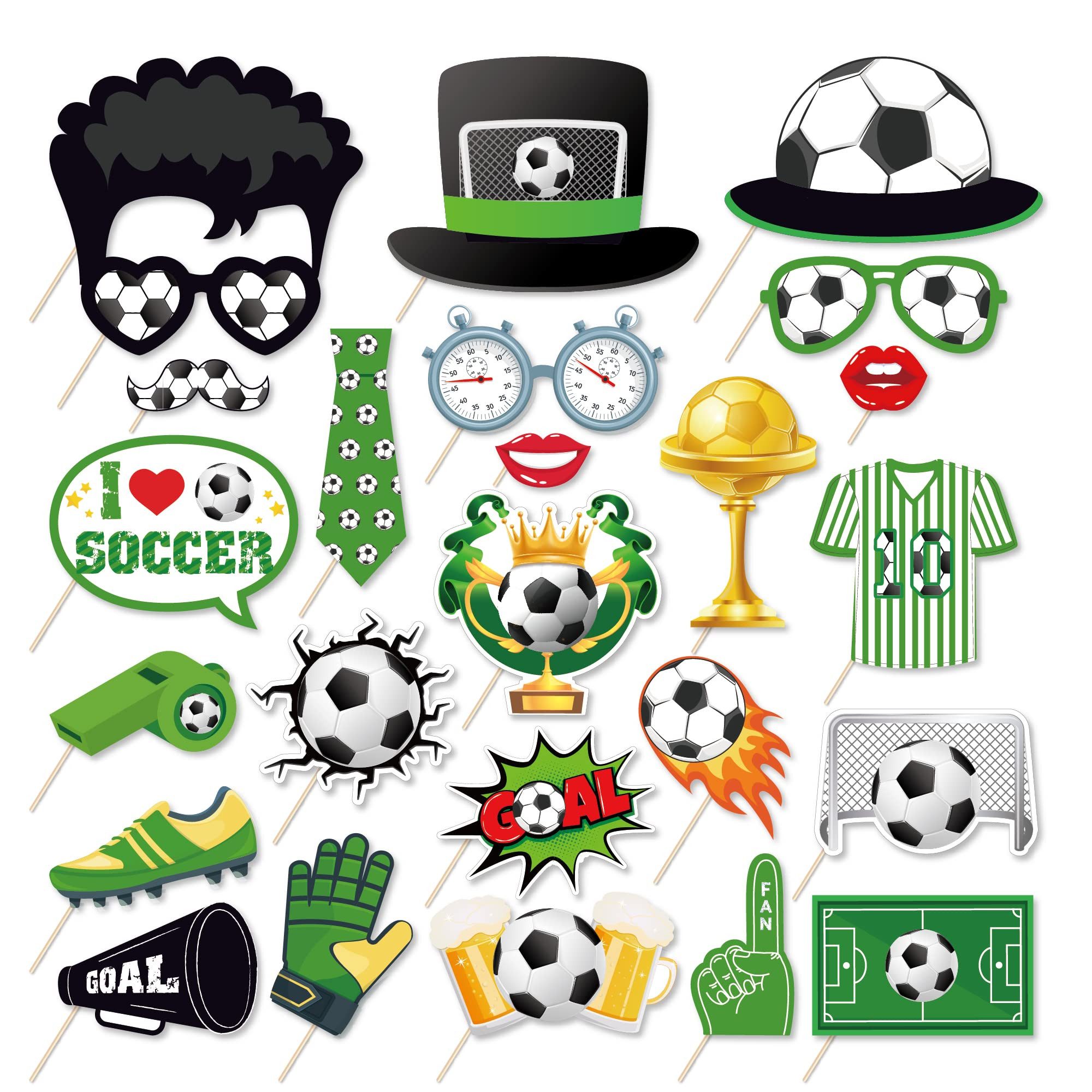 Bomiclss Papierdekoration Foto-Requisiten-Set,25-teiliges Fußball-Photo-Booth-Zubehör-Set, für Fußball-Geburtstagsfeiern, Selfie-Photo-Booth,Fußball-Thema