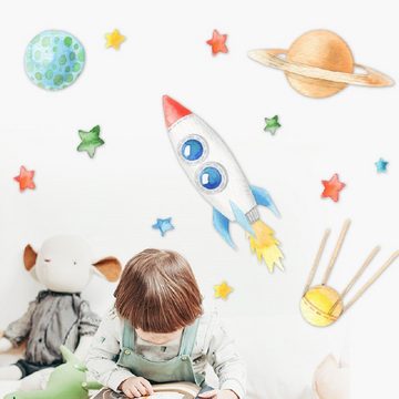 CreateHome Wandtattoo Aufkleber Weltraum Rakete für Kinderzimmer (rückstandslos entfernbar selbstklebend)
