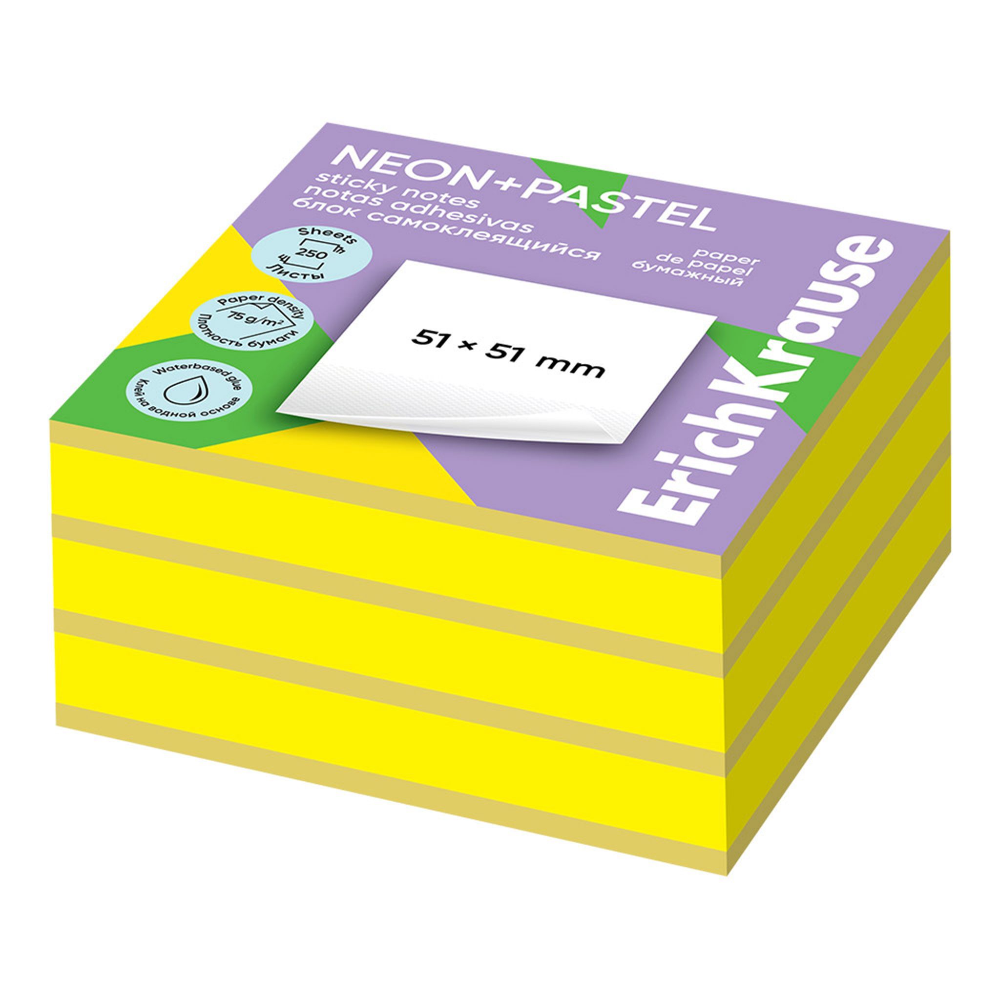 Erich Krause Haftnotizblock, Haftnotizen 51x51mm Neon & Pastell wiederablösbar 200 Blatt Gelb