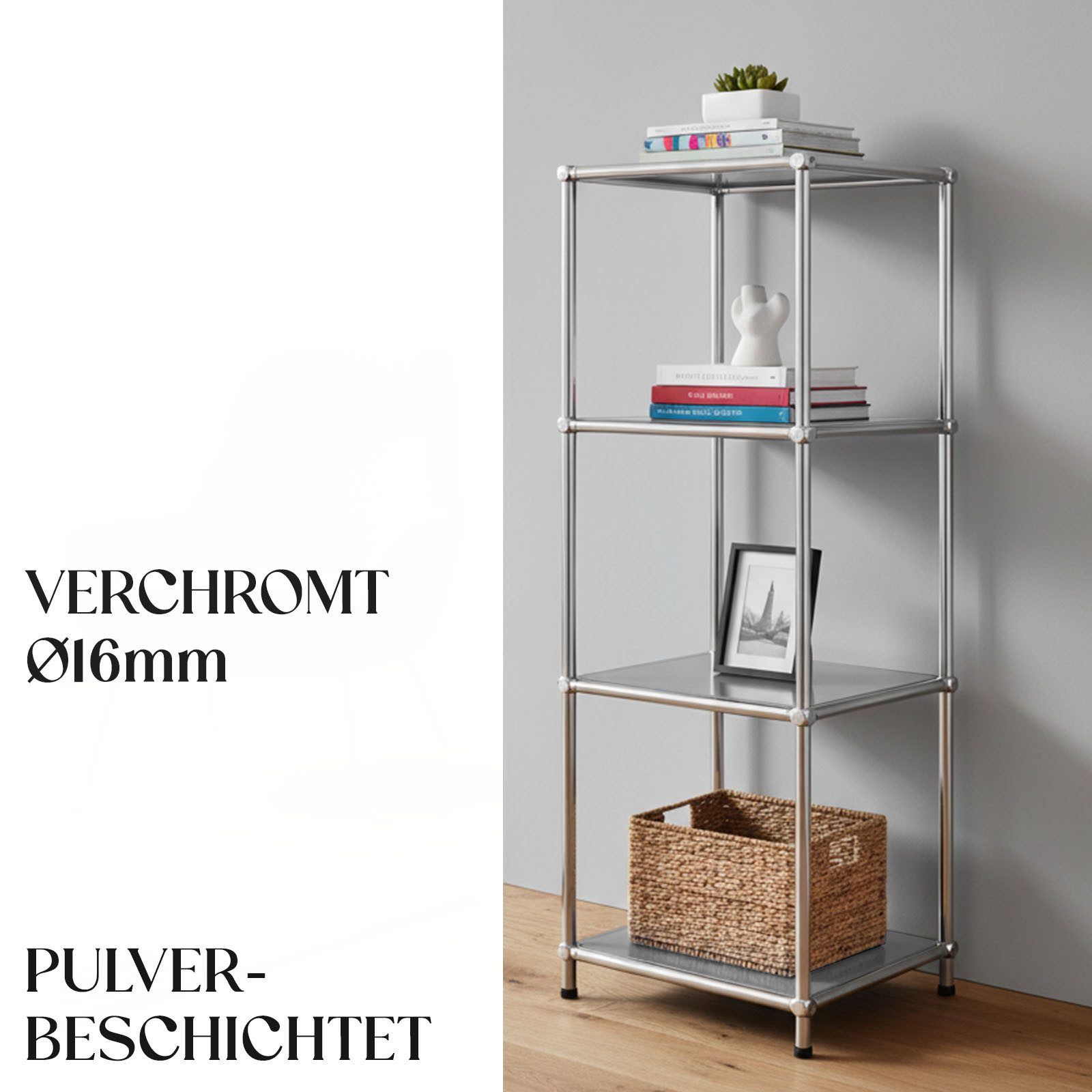 Floordirekt Standregal Concept Epure MK-005 Metallregal, B30 × T30 × H89 cm, diverse Farben, modular, Design Regal mit offenen Ablagen, verchromtes Metallgestel – Bild 4 von 5
