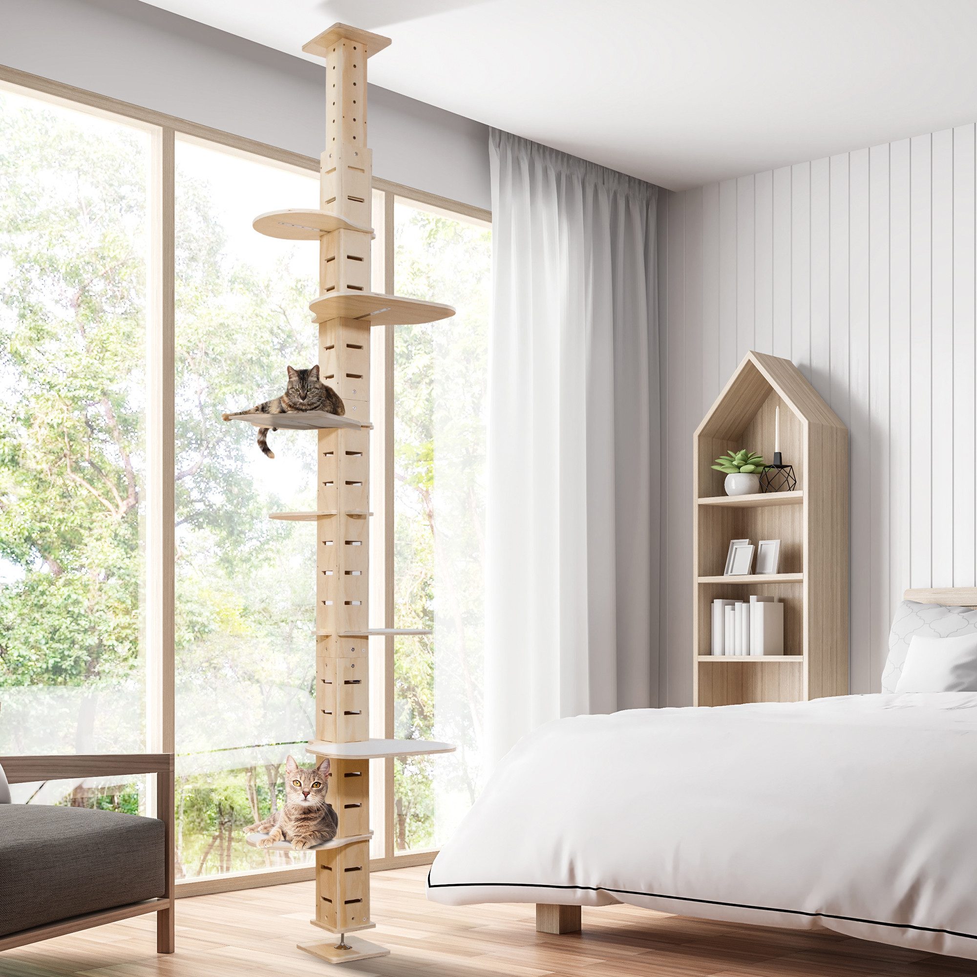 FURPAL Kratzbaum Natürliches 7-Ebenen Holz-Kletterparadies für aktive Hauskatzen, aus Fichten-MDF-Platten, Von 250 cm auf 291 cm anpassbar