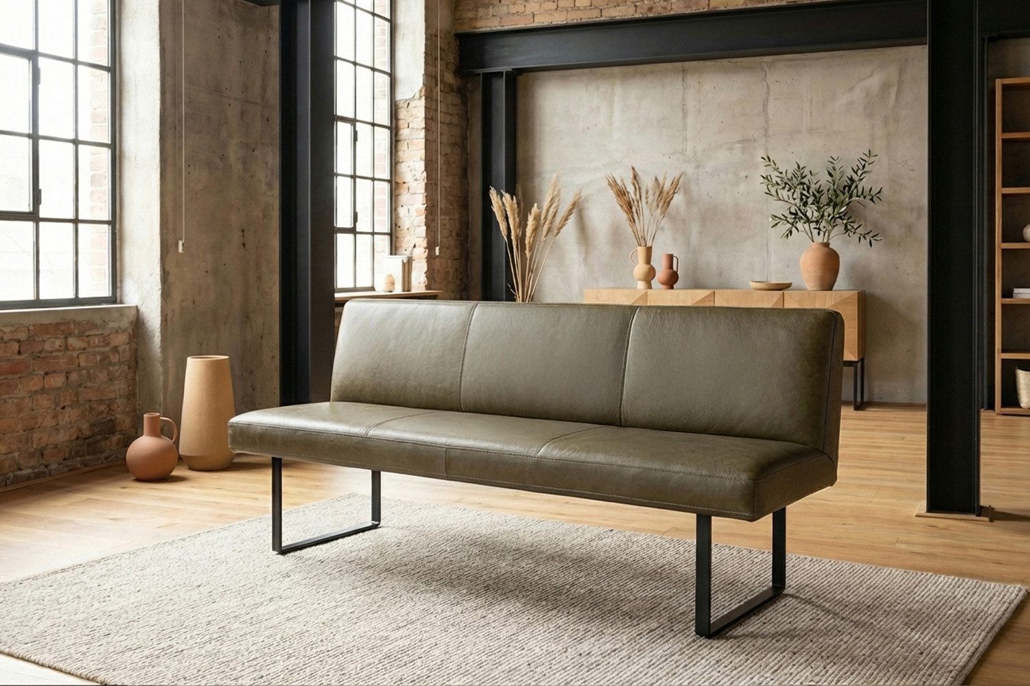 KAWOLA Sitzbank ELEEN Esszimmerbank Leder pigmentiert – modernes Design, 203 cm Breite, hoher Sitzkomfort, Metallgestell schwarz