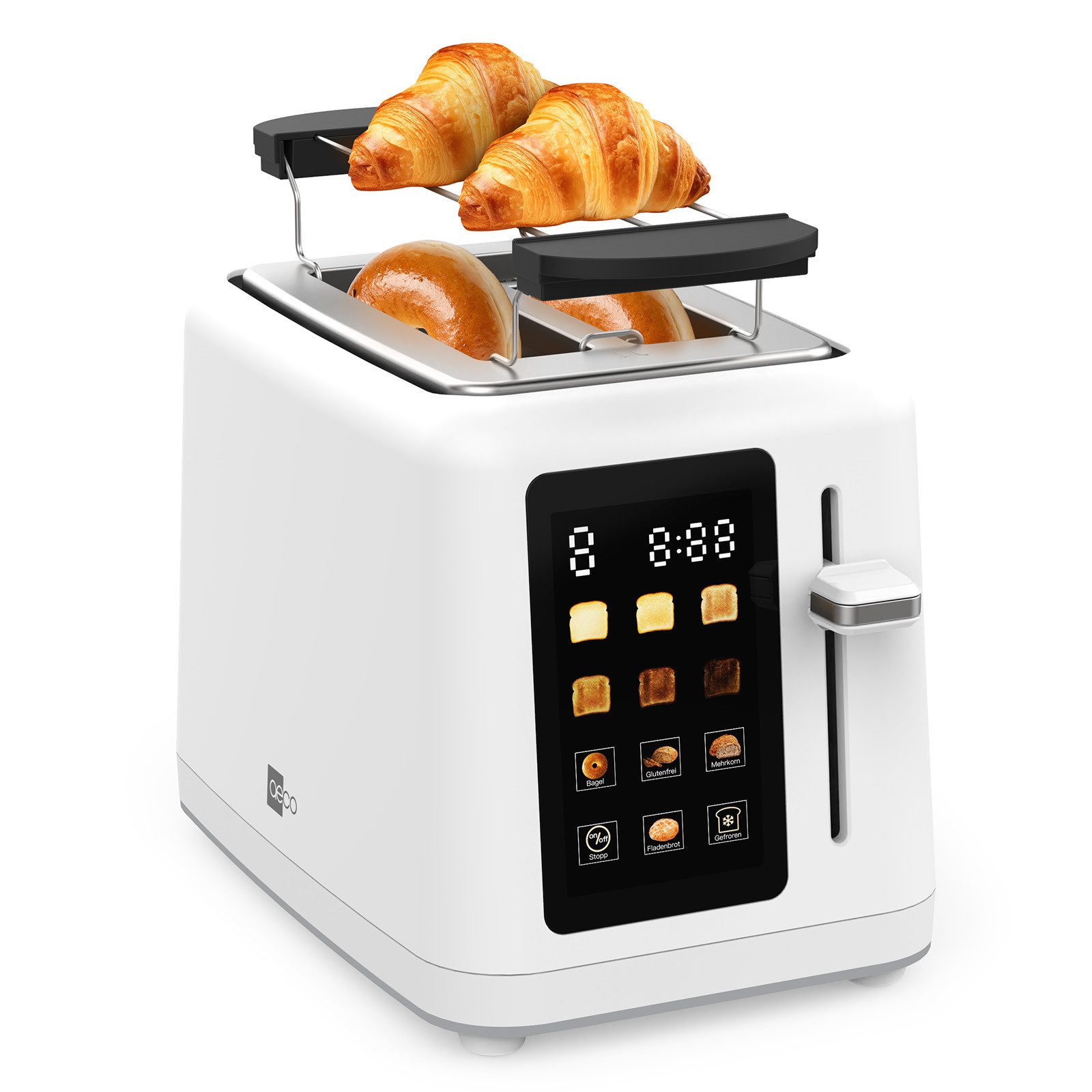 AECO Toaster toastlab MAX - white Touch LED Display, Zwei extra große Toastschlitze, für verschiedene Brotsorten, 850 W, Bräunungsstufen,LED-Display,Auftaufunktion