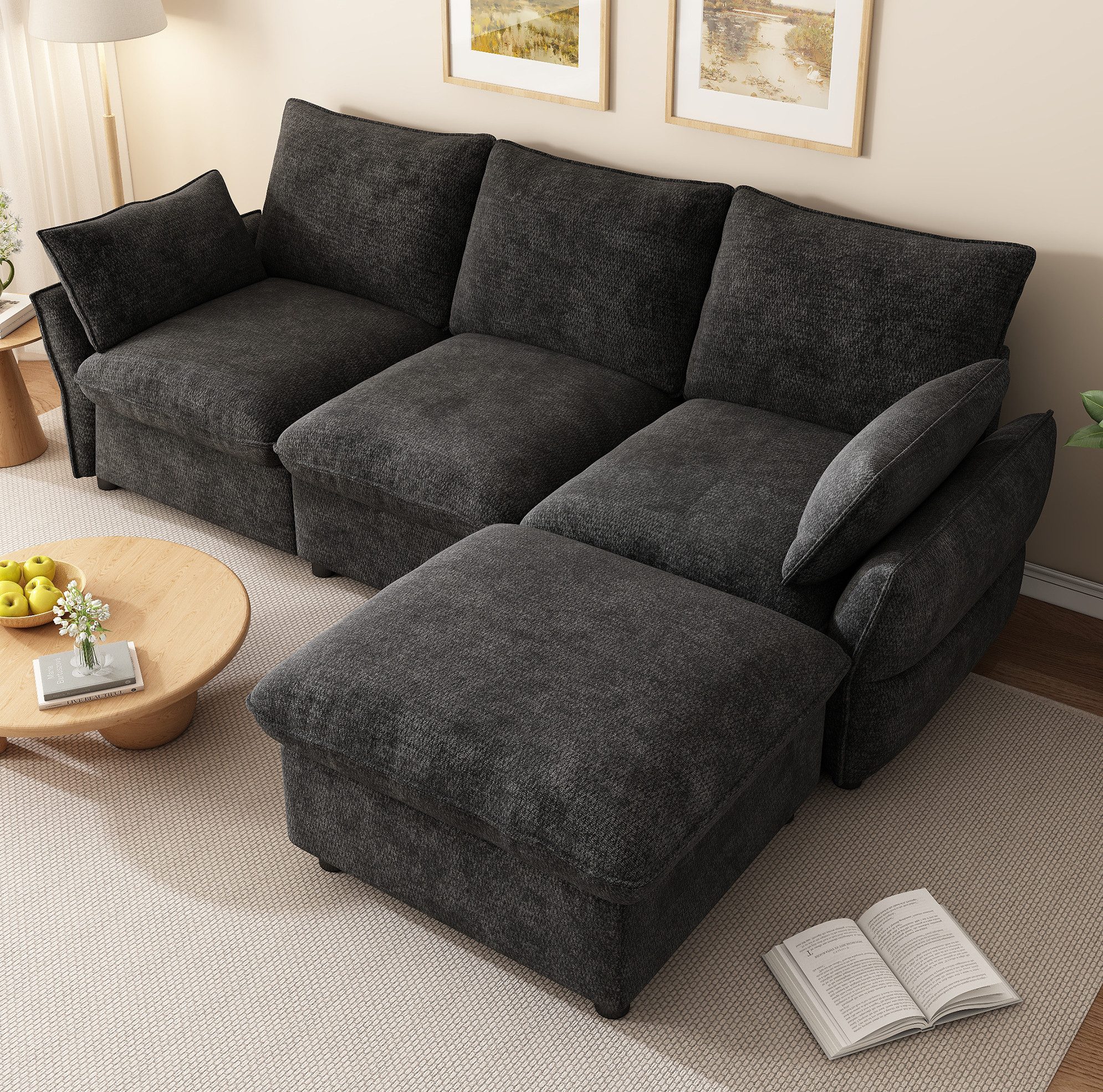 OKWISH Sofa Ecksofa, Loungesofa mit Ottomane 222,5x154,5x76,5 cm, 3-Sitzer Chenille Wohnlandschaft mit Hocker