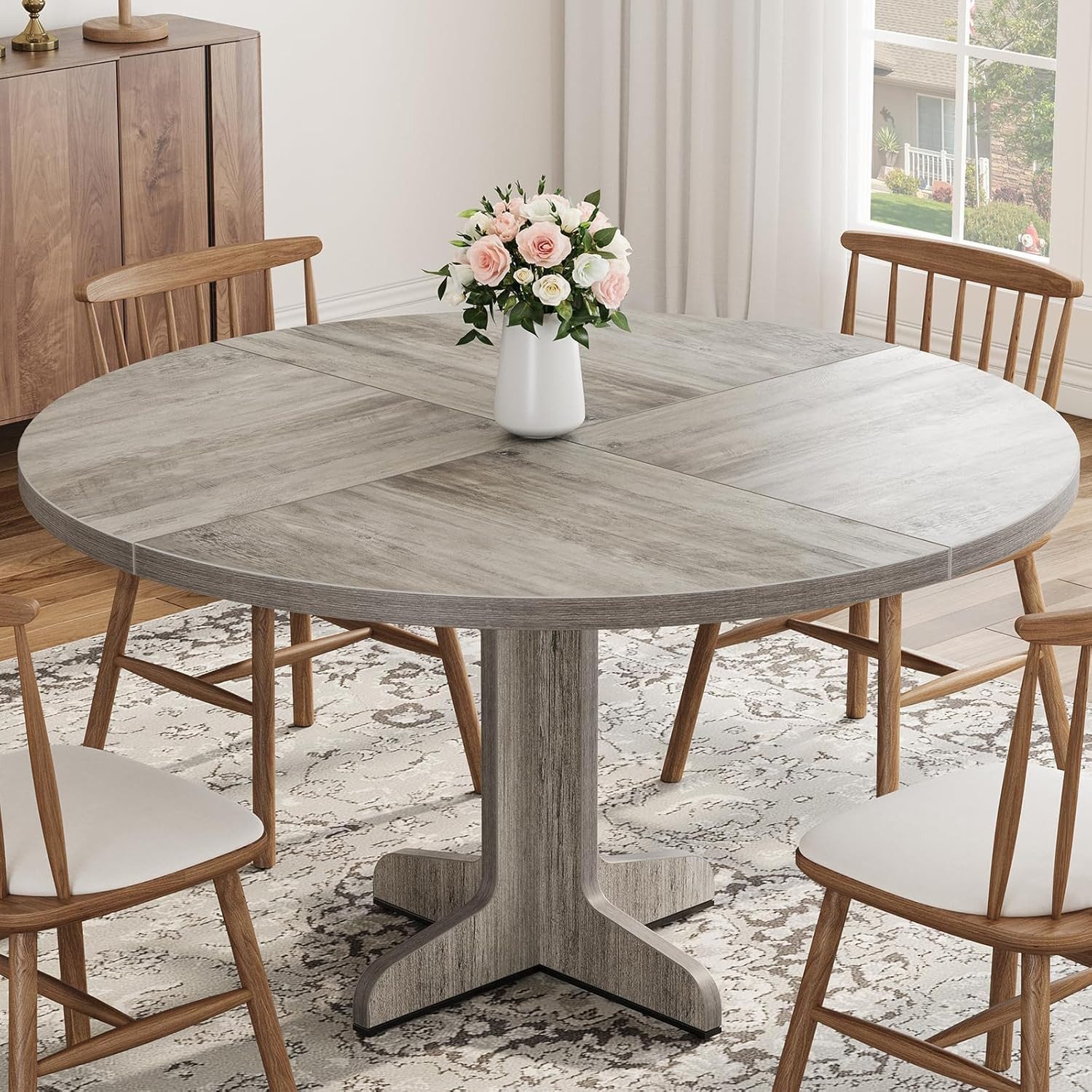 GarveeMore Esstisch Runder mit Holztischplatte und stabilem Fuß 4 Personen,120cm, Küchentische aus Holz für Esszimmer,Küche,Wohnzimmer