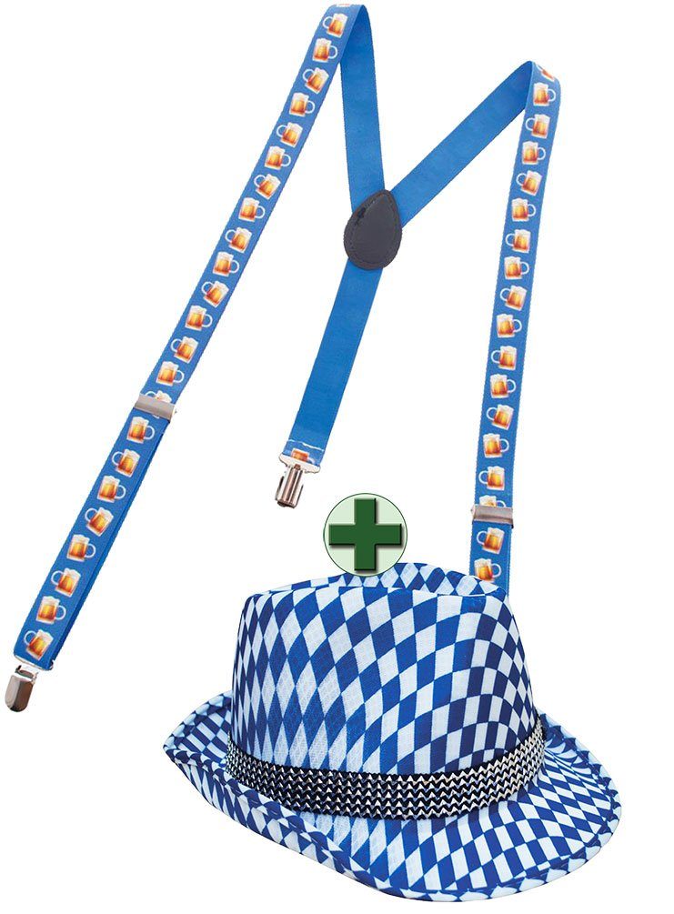 Karneval-Klamotten Kostüm Oktoberfest Hut mit Hosenträger Bier, Oktoberfest Hut blau weiß mit Hosenträger Unisex