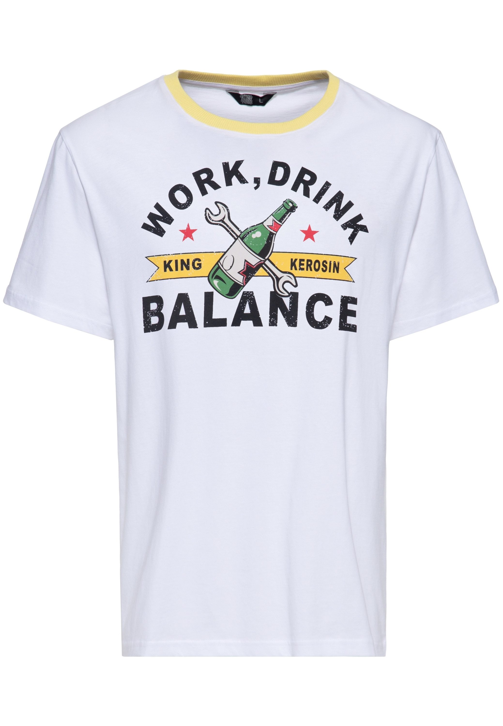 KingKerosin Print-Shirt Work, drink balance Abgesetztes Ringer-Bündchen am Rundhals