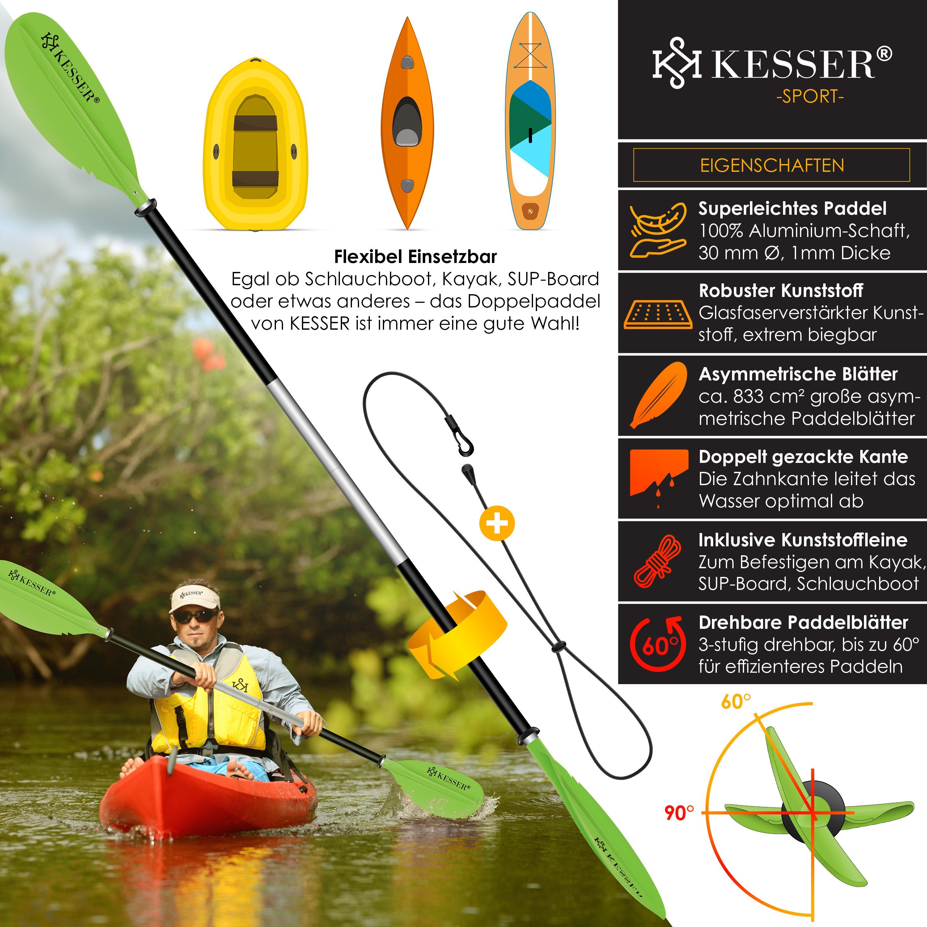 Kanu SUP für Kayak SUP-Paddel, Paddle KESSER Doppelpaddel 4-teilig grün Stand-Up
