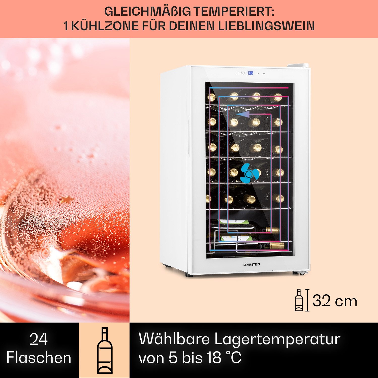 Klarstein Weinkühlschrank Shiraz 24 Uno, für 24 Standardflaschen á 0,75l,Wein Flaschenkühlschrank Weintemperierschrank Weinschrank Kühlschrank