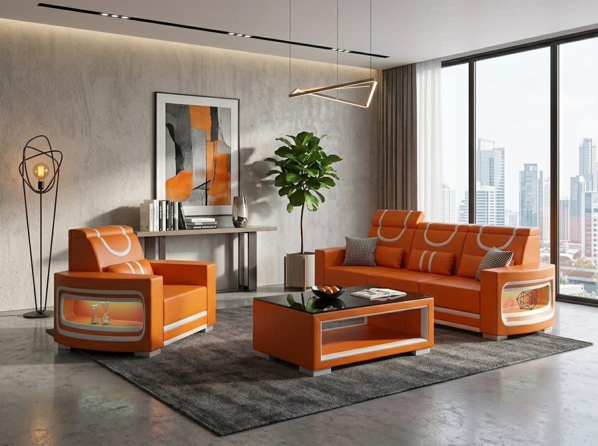 JVmoebel Polstergarnitur Sofa Set 3-Sitzer Sessel Orange Weiß Wohnzimmer Couch Design Möbel *, (Sofa Set, 2-tlg., 2-tlg), Pflegeleicht, modernes Design