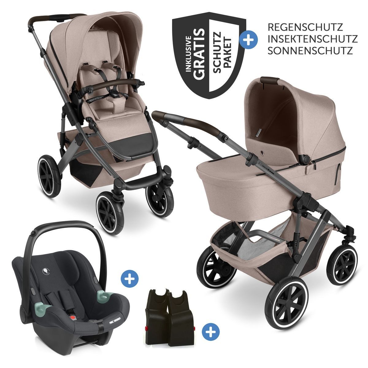 ABC Design Kombi-Kinderwagen Salsa 5 Air Set - Camel, 3in1 Kinderwagen Buggy mit Babywanne, Babyschale, Sportsitz & Zubehör