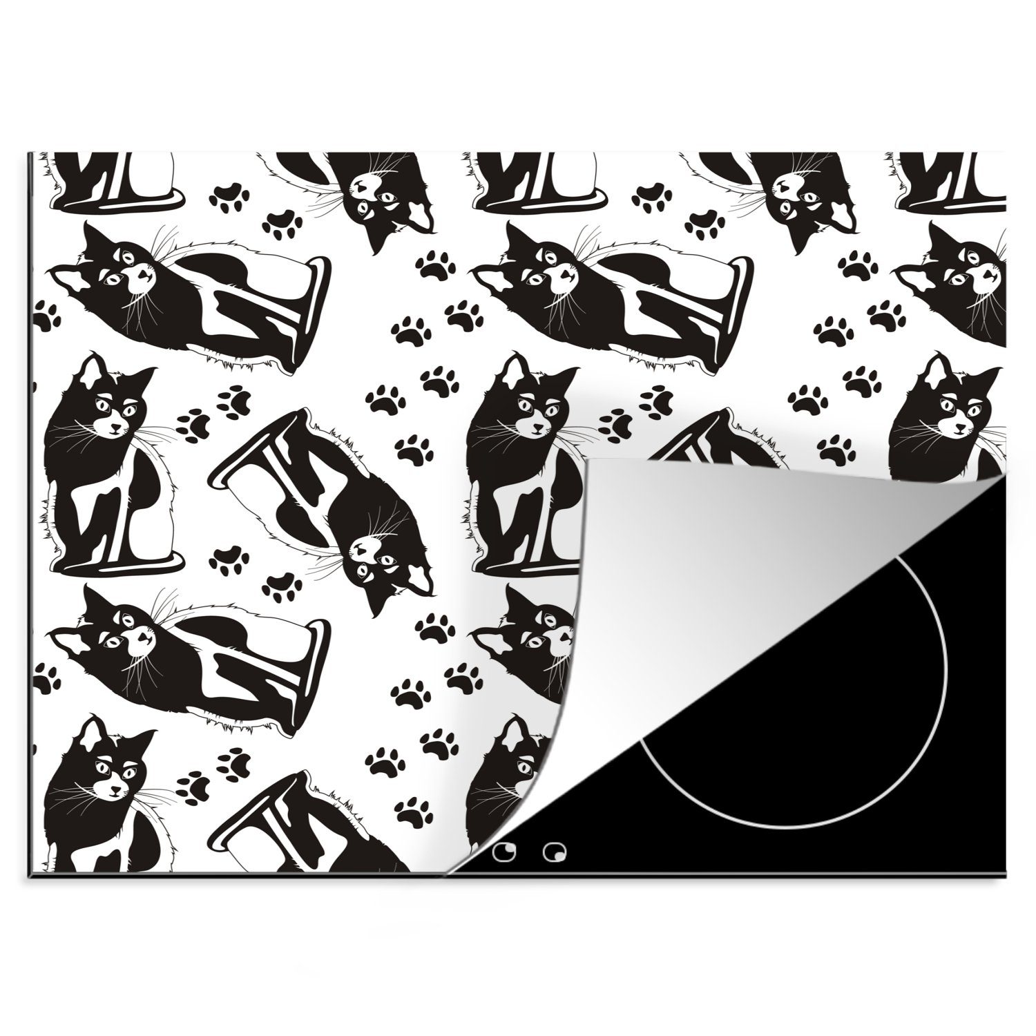 MuchoWow Herdblende-/Abdeckplatte Muster - Katze - Schwarz - Weiß - Jungen - Mädchen - Kinder - Kind, Vinyl, (1 tlg), 60x52 cm, Mobile Arbeitsfläche nutzbar, Ceranfeldabdeckung