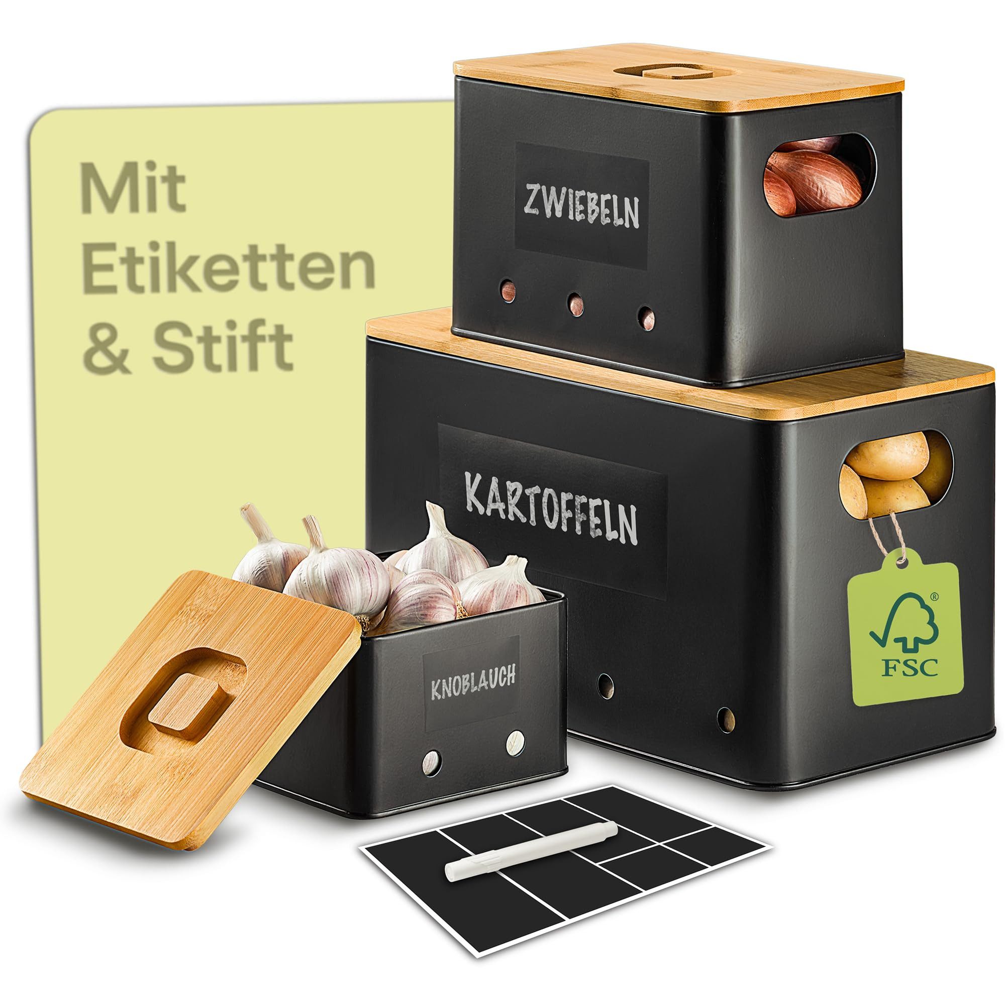 Praknu Vorratsdose Kartoffel Aufbewahrungsbox 3er Set - Mit Belüftung für längere Frische, Eisen, FSC® Bambus, (Aufbewahrungsbox-Set, 7-tlg., 3 Boxen inkl. Zubehör), Stapelbar, Nachhaltig, Mit FSC® Bambusdeckel, Mit Etiketten & Stift
