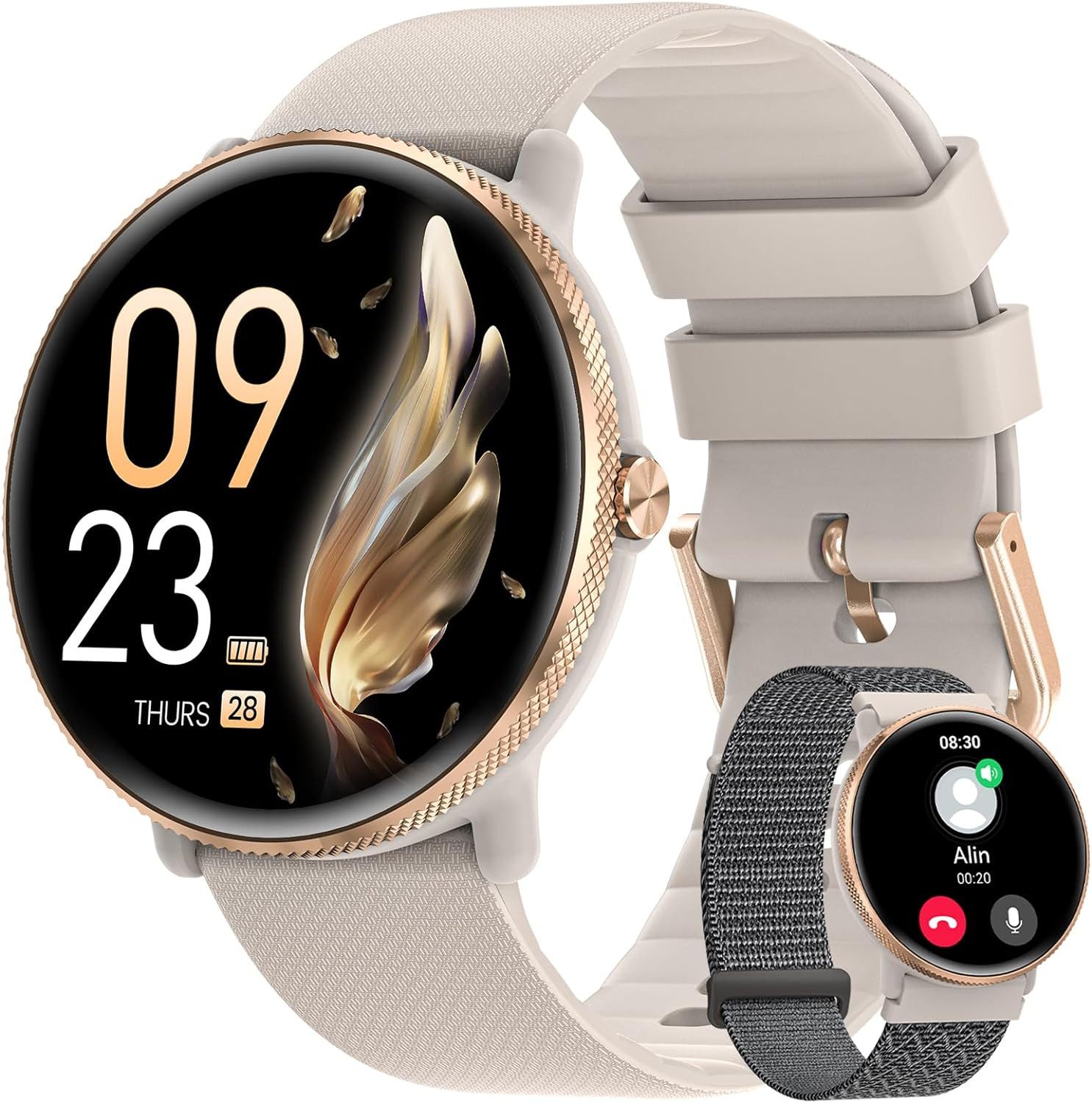 Sanorum Smartwatch Damen mit Telefonfunktion Smartwatch (3.53 cm/1,39 Zoll, AMOLED HD Touchscreen) mit 120 Sport Menstruationszyklus Schlafmonitor, Pulsuhr SpO2 IP68 Armbanduhr, Fitness Tracker für iOS Android Schwarz Roségold