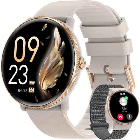 Sanorum Smartwatch Damen mit Telefonfunktion Smartwatch (3.53 cm/1,39 Zoll, AMOLED HD Touchscreen) mit 120 Sport Menstruationszyklus Schlafmonitor, Pulsuhr SpO2 IP68 Armbanduhr, Fitness Tracker für iOS Android Schwarz Roségold