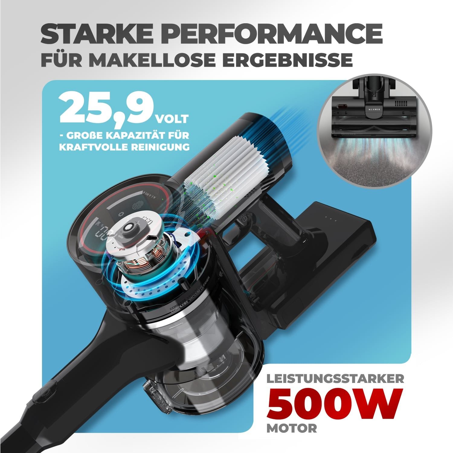 KLAMER Akku-Hand-und Stielstaubsauger 500 Watt Kabelloser Staubsauger, Flexibler Akku Handstaubsauger mit v…, 500 W, beutellos, 25,9V Akku, LED Display & Frontlicht, Leichte Steuerung, 3 Aufsätze