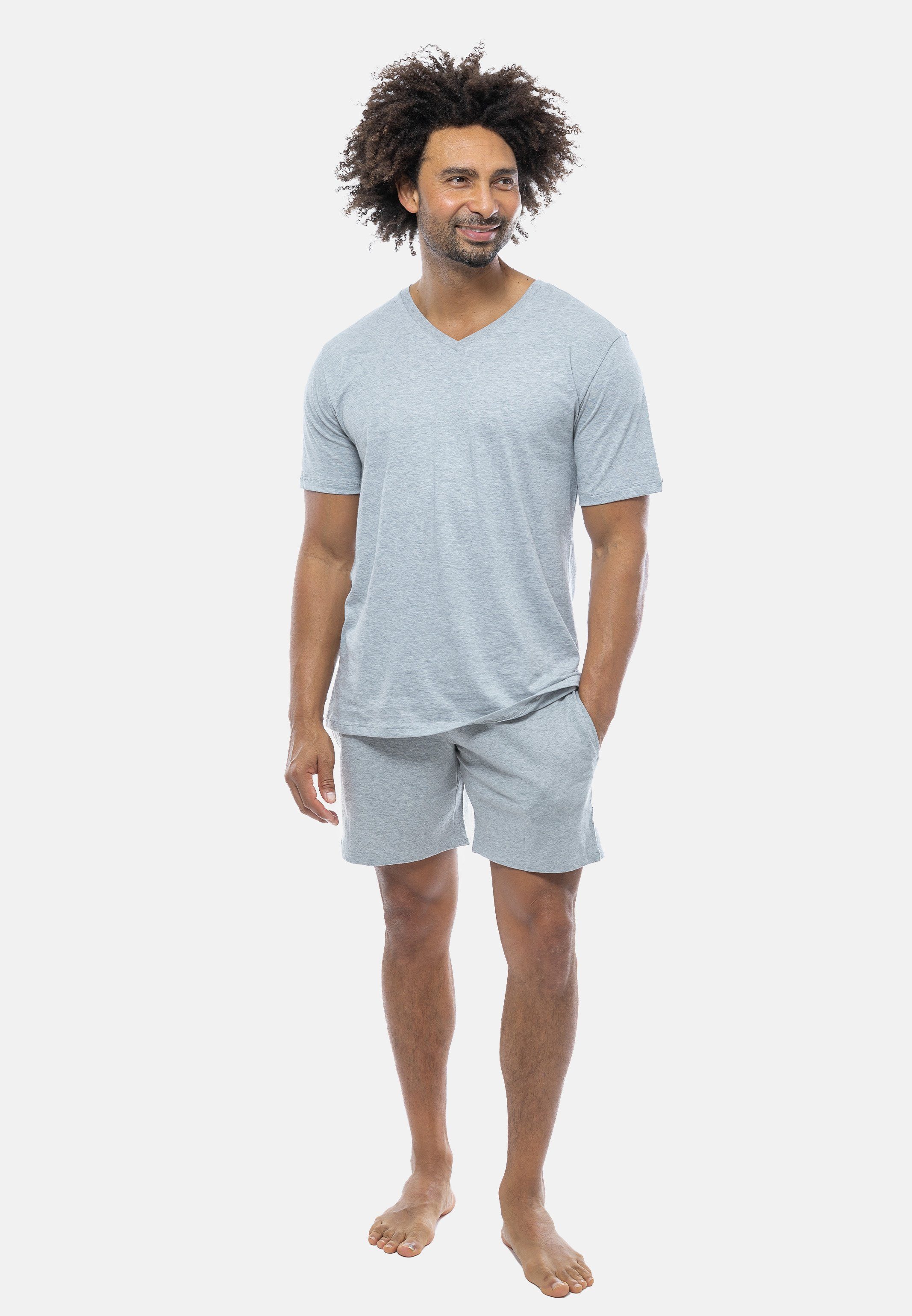 Schiesser Pyjama Mix (Set, tlg) Baumwolle Schlafanzug - Kurzarm-Shirt V-Ausschnitt - 2 Grau mit