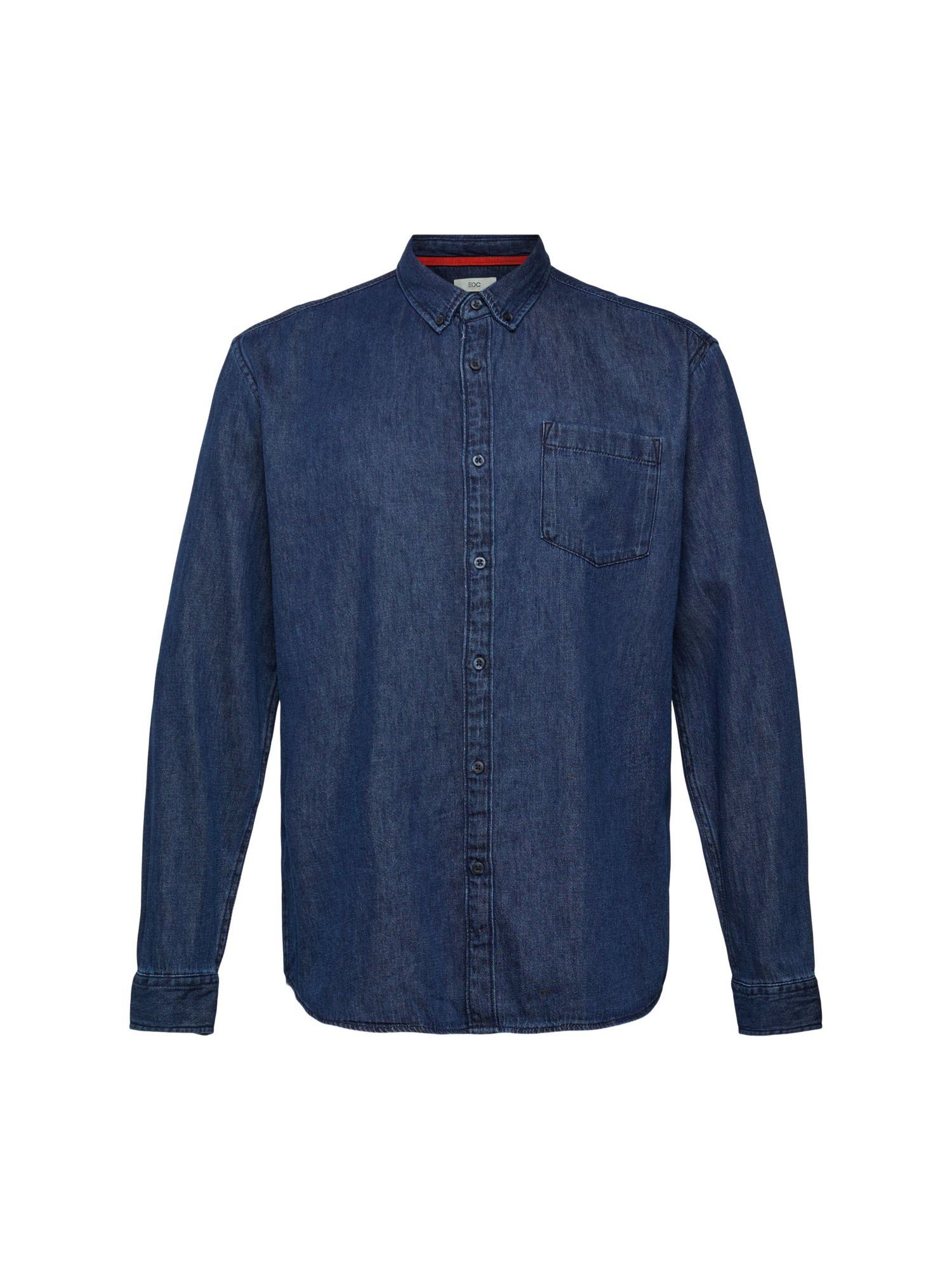 minderwertig edc by Esprit Langarmhemd aufgesetzter mit Tasche WASHED BLUE Jeanshemd DARK