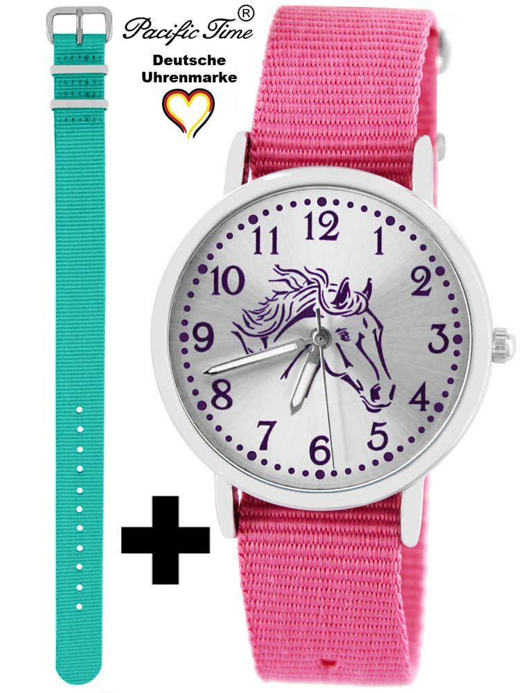 Pacific Time Quarzuhr Set Kinder Armbanduhr Pferd violett Wechselarmband, Mix und Match Design - Gratis Versand türkis und rosa