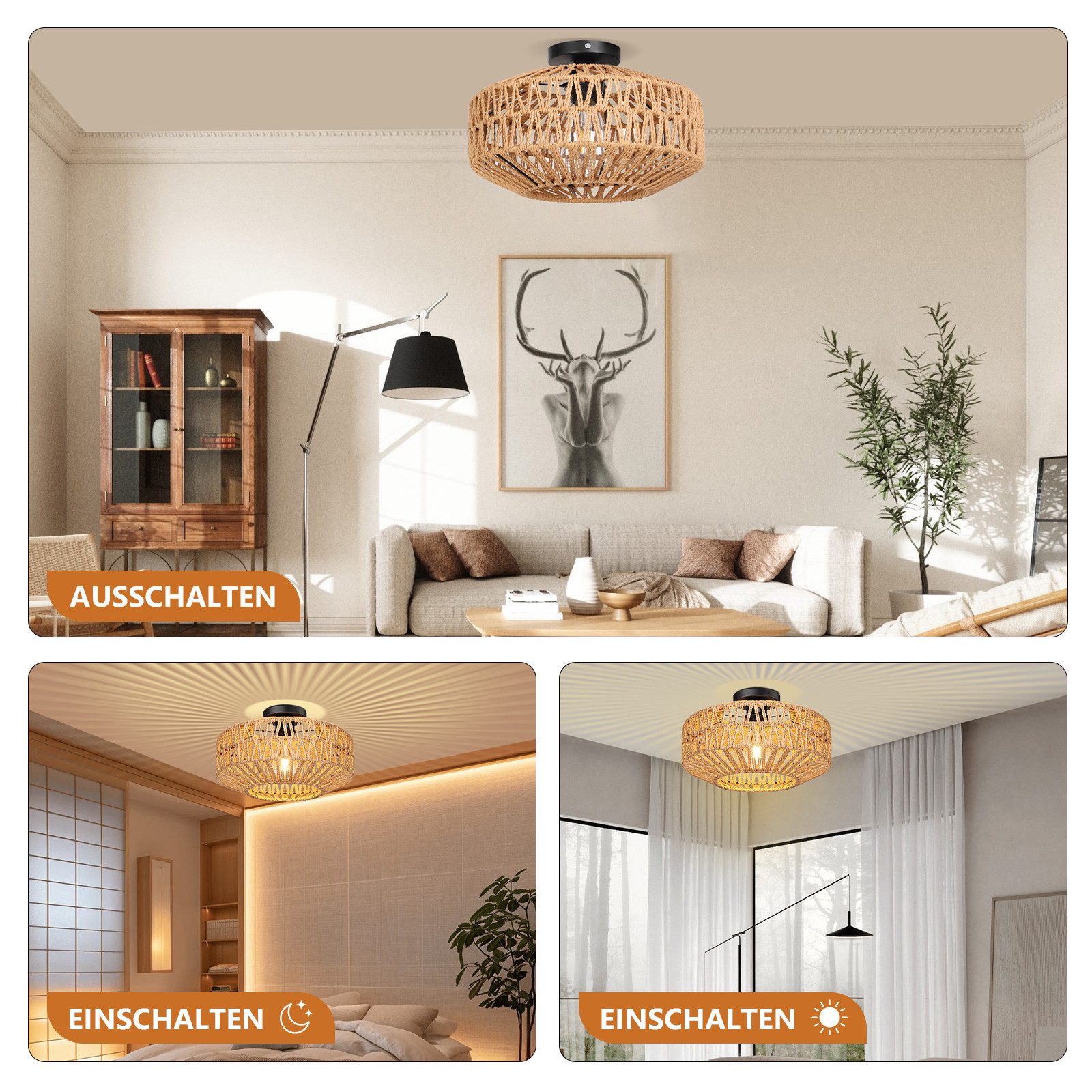Jibenhome LED Deckenleuchte Boho Rattan Deckenleuchte günstig online kaufen