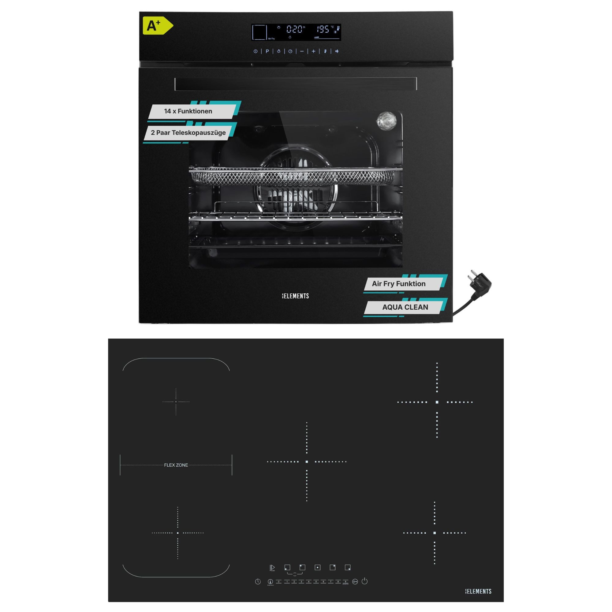 KB Elements Induktions Herd-Set KBE Einbaubackofen 60 cm mit 5-Zonen Induktionskochfeld 77cm, mit 2-fach-Teleskopauszug, Einbaubackofen Full Touch mit 15 Funktionen, Flexzone