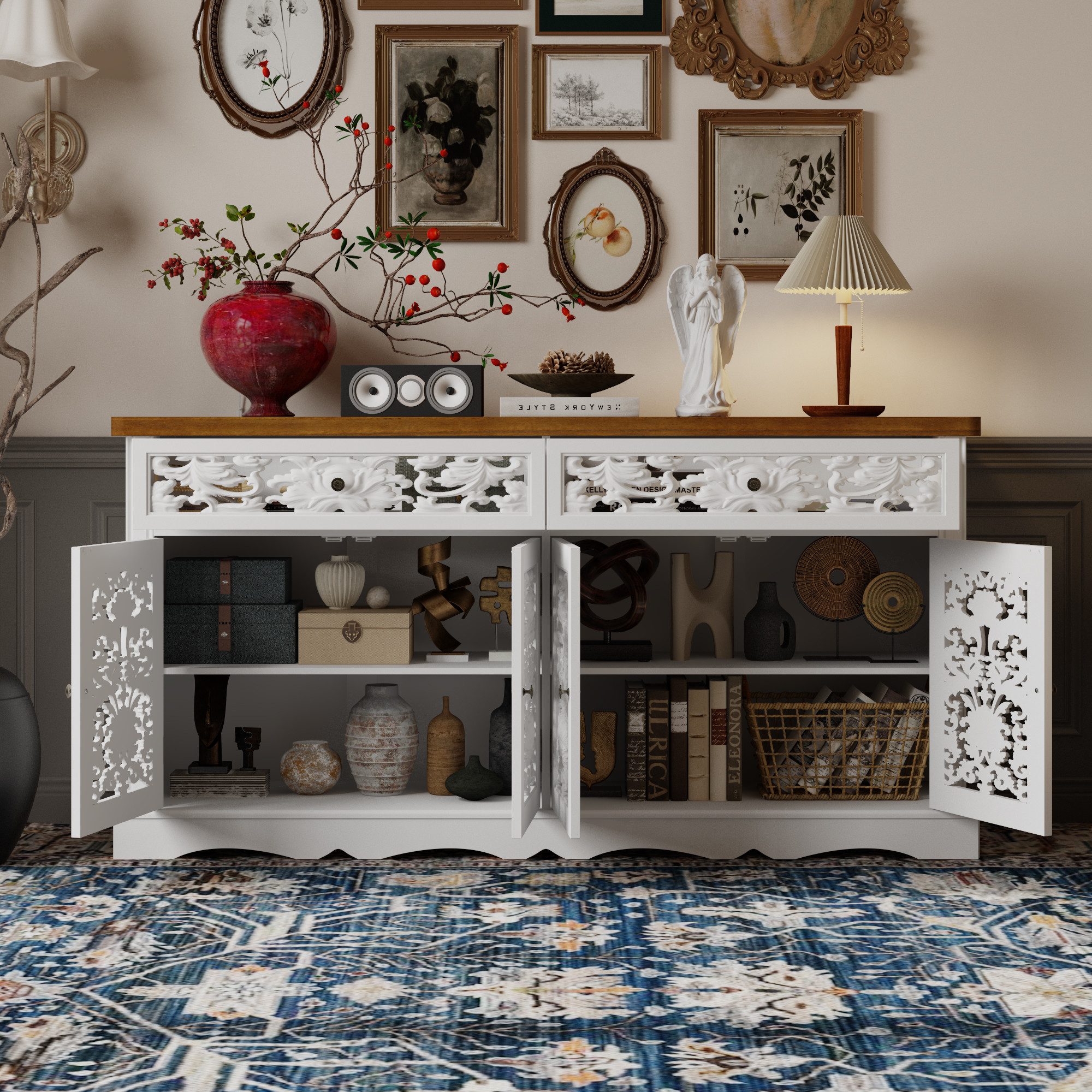 HOMSEE Sideboard Kommode Rokoko mit 2 Schubladen & 4 Türen verstellbar (1 St), Edler Rokoko-Stil mit viel Stauraum & verstellbaren Böden – Bild 5 von 5