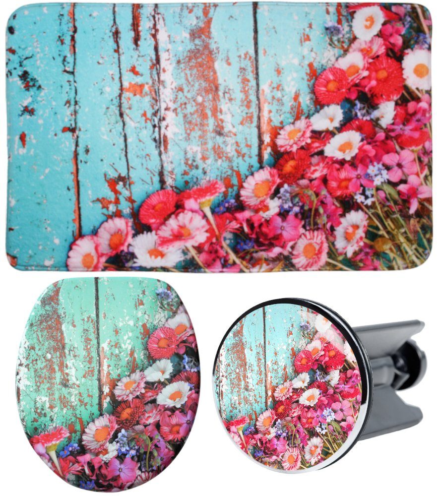 Sanilo Badaccessoire-Set 3-teilig Spring, WC-Sitz mit Absenkautomatik, Badteppich 70 x 110 cm, Waschbeckenstöpsel, 3 tlg., hochwertig & modern, universell, leichte Montage