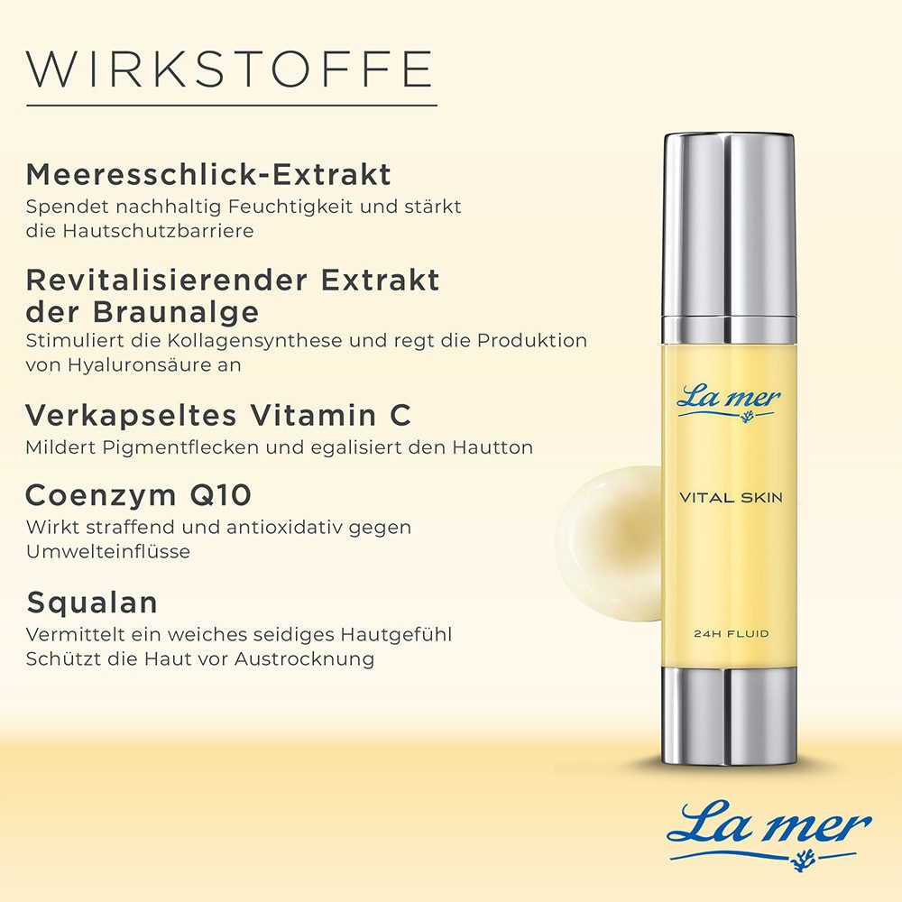 La mer Gesichtsfluid Vital Skin 24h Fluid – leichte Feuchtigkeitspflege mit Vitamin C Leichtes Pflegefluid mit marinen Wirkstoffen, Vitamin C & Q10, verbessert die Hautelastizität und sorgt für einen ebenmäßigen Teint