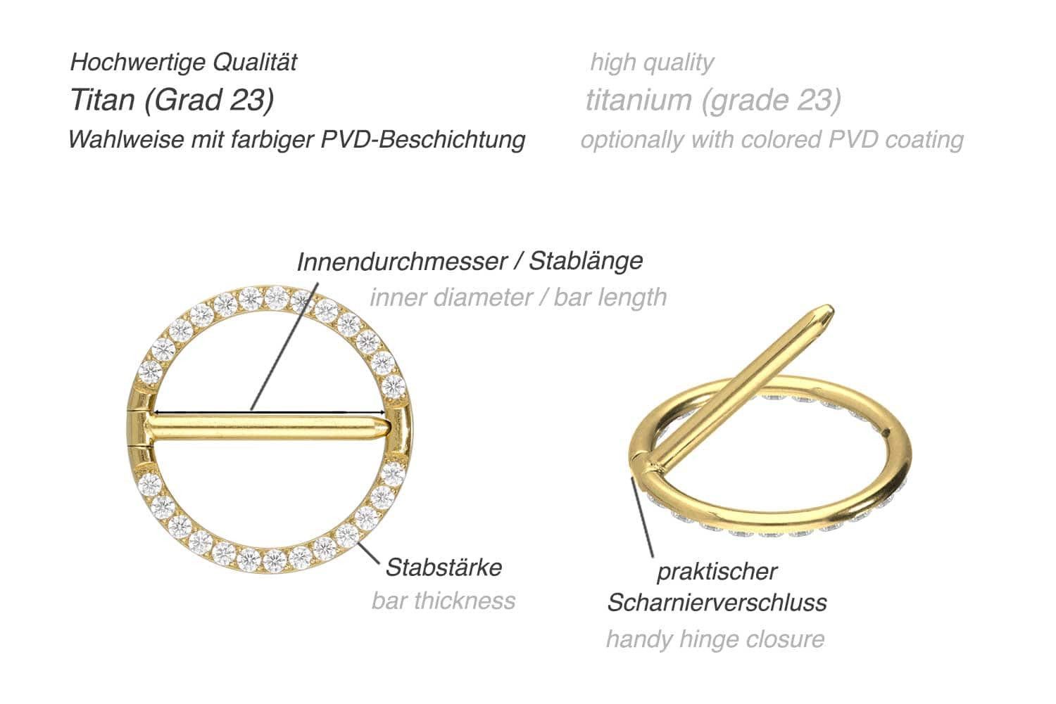PIERCINGLINE Brustwarzenpiercing Titan Nippelpiercing Clicker RING + EINGEFASSTE KRISTALLE (Clicker, 1-tlg), Brust-, Nippel-Piercing, Titan