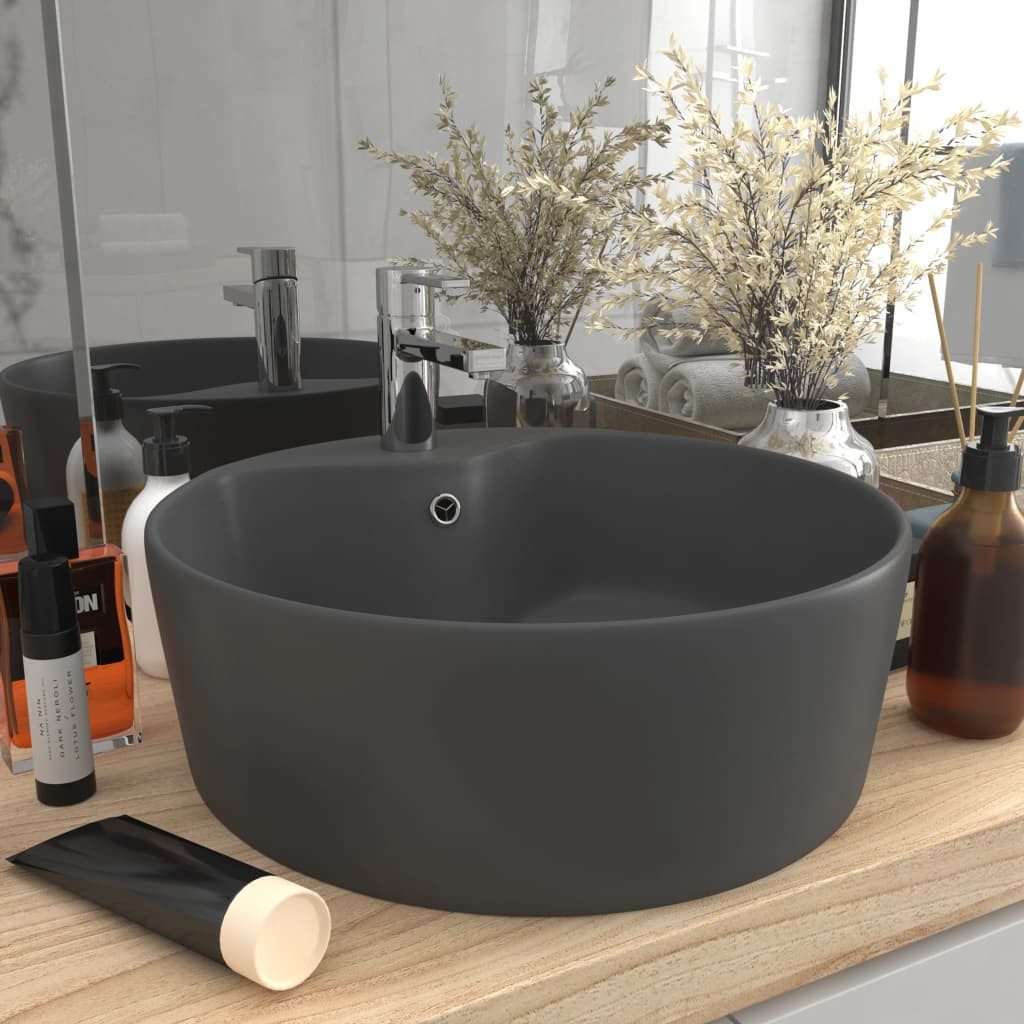 vidaXL Waschbecken NA Waschbecken Badezimmer Aufsatzwaschbecken mit Überlauf Matt Dunkelg