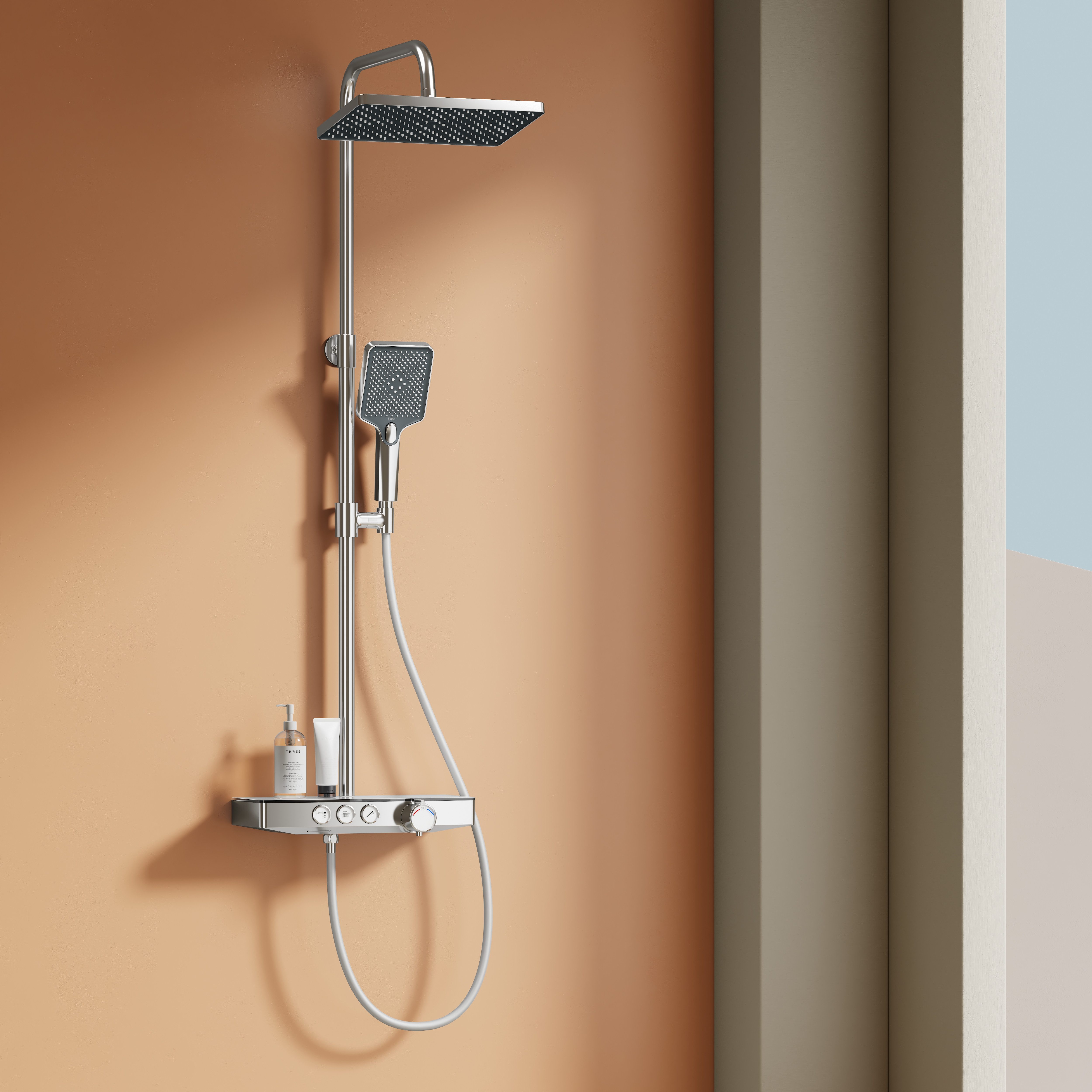 EMKE Duschsystem Regendusche Duschsystem 30x20cm Thermostat mit 45cm Ablage Chrom, 3 Strahlart(en), Höhe 118cm, große Kopfbrause, Thermostat-Set mit 45cm Ablage