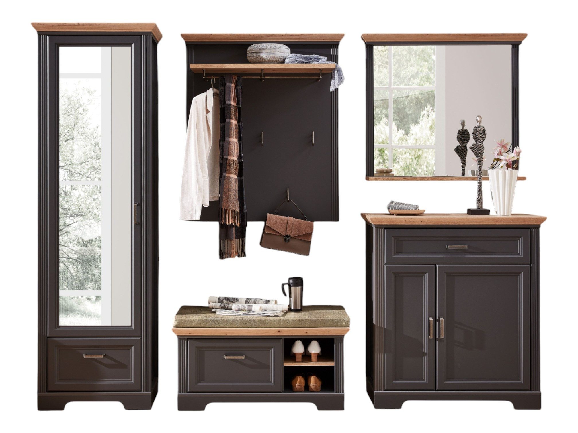 moebel-dich-auf Garderoben-Set FLORENZ Set 1, (Komplettgarderobe, Garderobenschrank + Paneel + Bank + Spiegel + Schuhkommode), in 2 Farben erhältlich