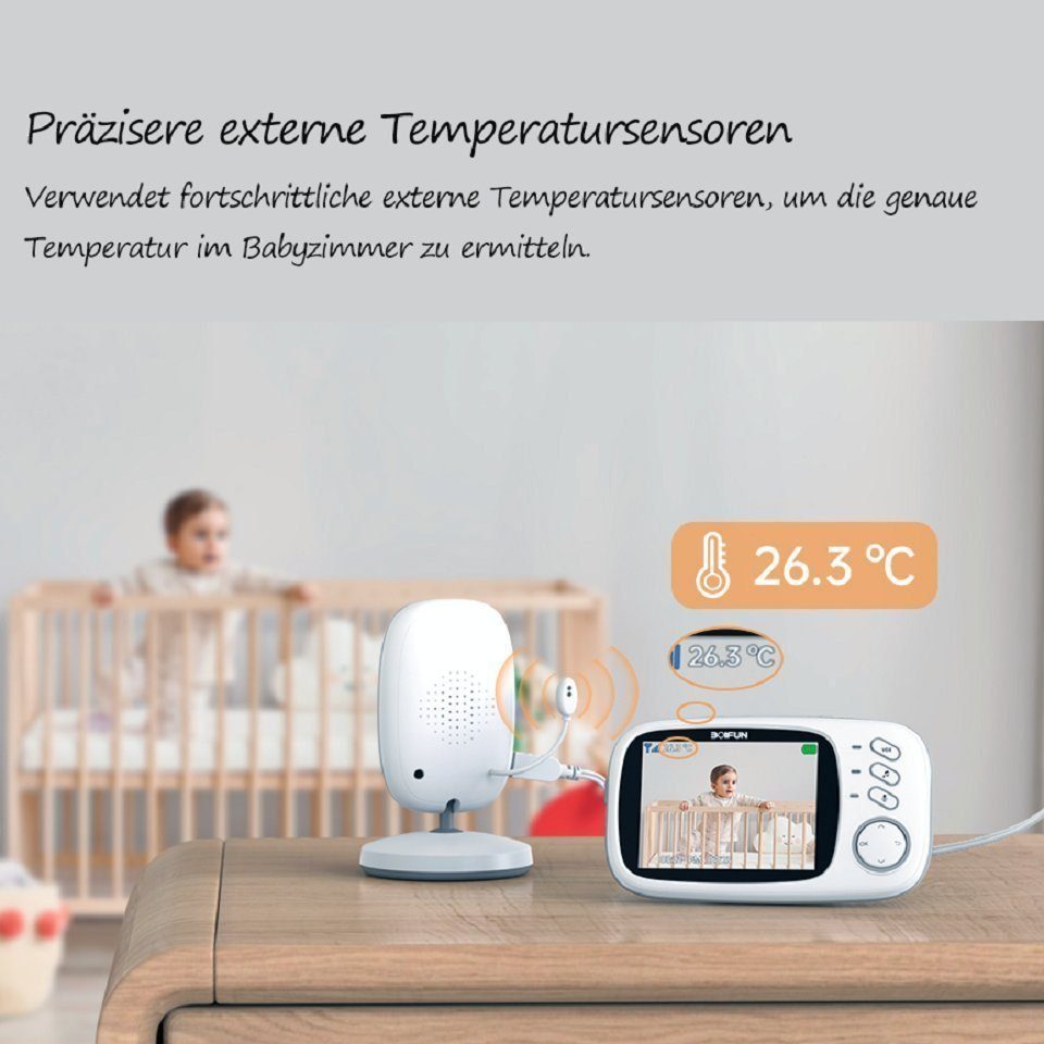 Infrarot-Nachtsicht, Temperaturanzeige, Gegensprechfunktion 3.2-Zoll-LCD-Bildschirm, Extra Großer Babyphone Kamera, mit Zwei-Wege-Audio, Video-Babyphone Schlaflieder, BUMHUM