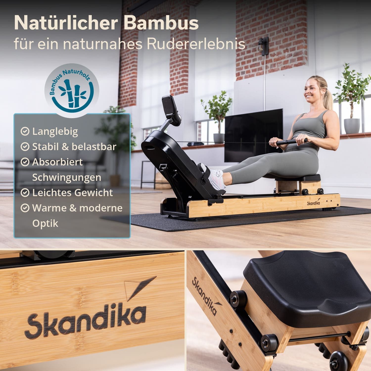 Skandika Rudergerät Holz für Zuhause Rovek, Magnetwiderstand mit 32 Stufen, aufstellbar (6 kg Schwungmassensystem, Transportrollen, Max. Benutzergewicht 130 kg), KinomapApp kompatibel, Bluetooth, Tablet Halterung, bis 195 cm
