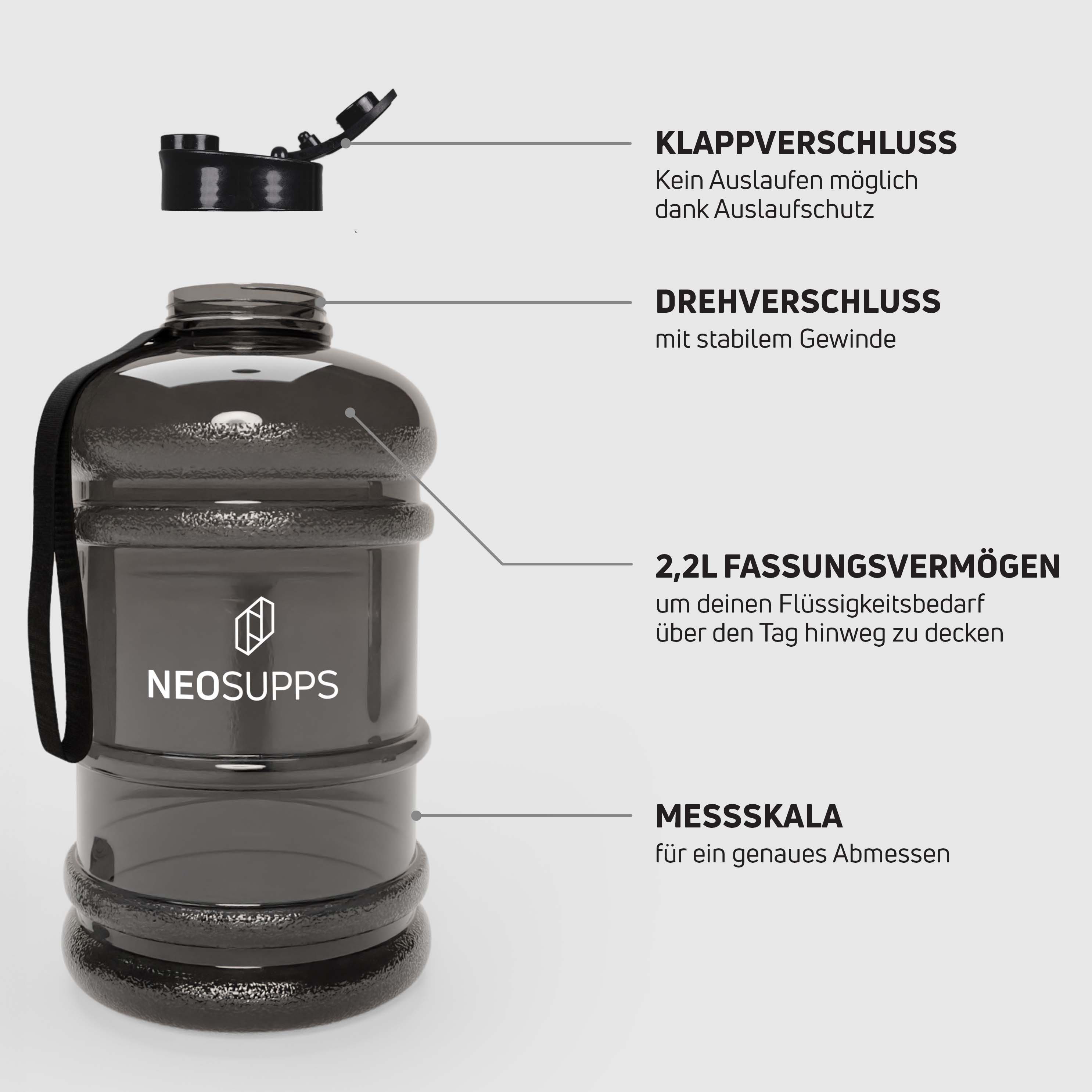 Neosupps Trinkflasche 2,2L, Sport Bottle Wasserflasche mit Klappenverschluss, BPA frei, Leicht zu reinigen, 100% auslaufsicher, für Gym, Fitness & Alltag