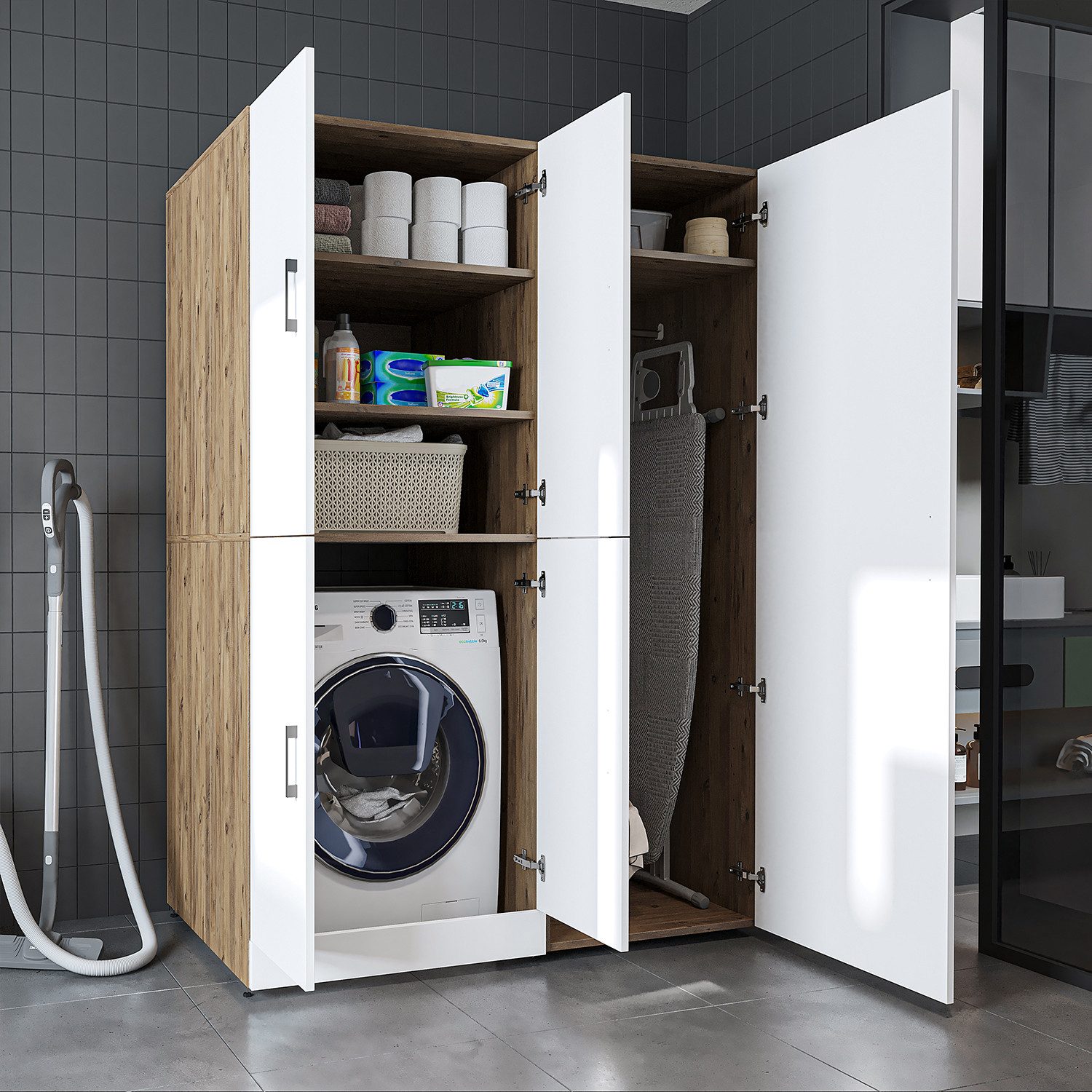 Roomart Waschmaschinenumbauschrank DORA 130 cm Waschmaschinenschrank + Hochschrank 60 cm, in 5 Farben (für Waschmaschine & Trockner mit Regalboden, Waschmaschinenschrank mit breitem Hochschrank – 2 Höhen) 130 kg Belastbarkeit, Hochschrank, links/rechts montierbar, in 5 Faren