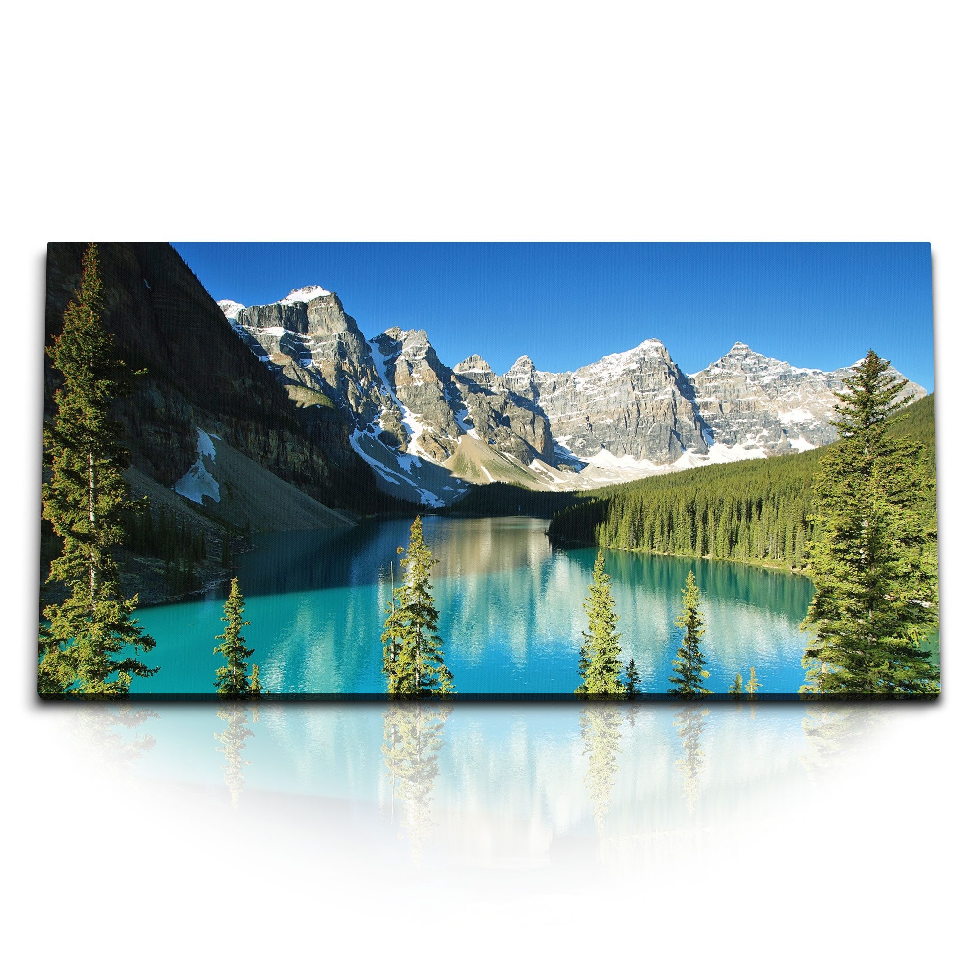 Leinwandbild Kunstdruck Bilder 120x60cm Moraine Lake See in Kanada Berge Tannenwald