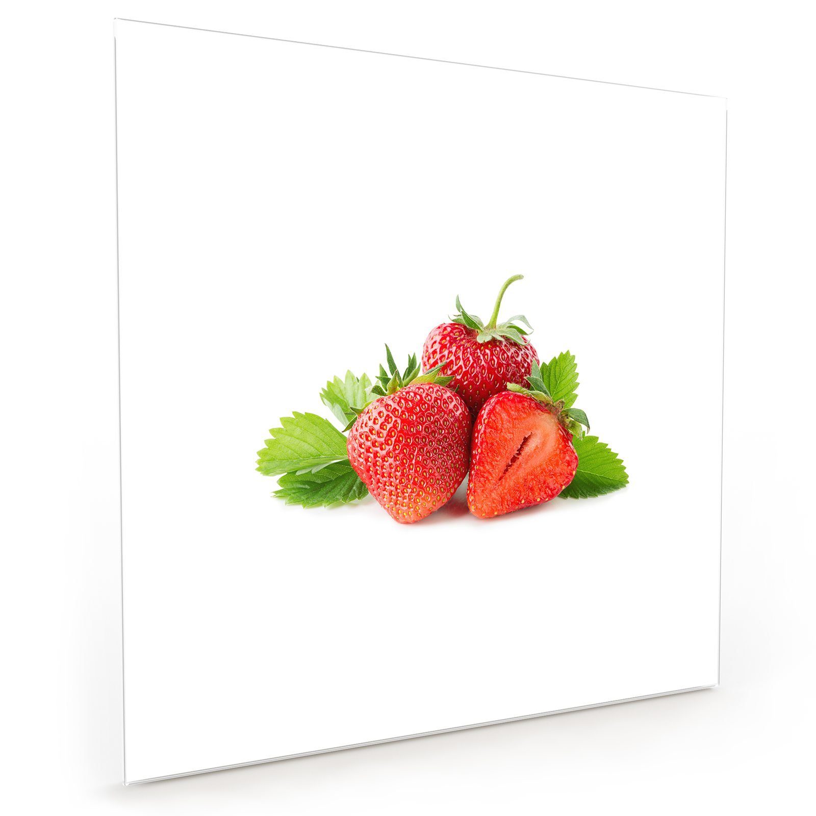 Primedeco Küchenrückwand Spritzschutz Glas Drei Erdbeeren mit Blättern