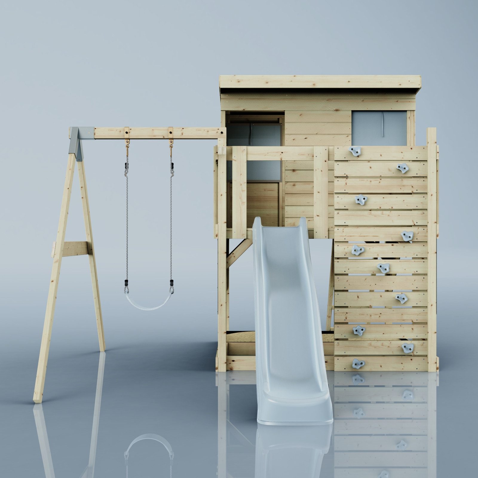 OutdoorToys Spielturm Tjorven, aus Holz in Eisblau mit Kinderschaukel & Rutsche, Kletterwand
